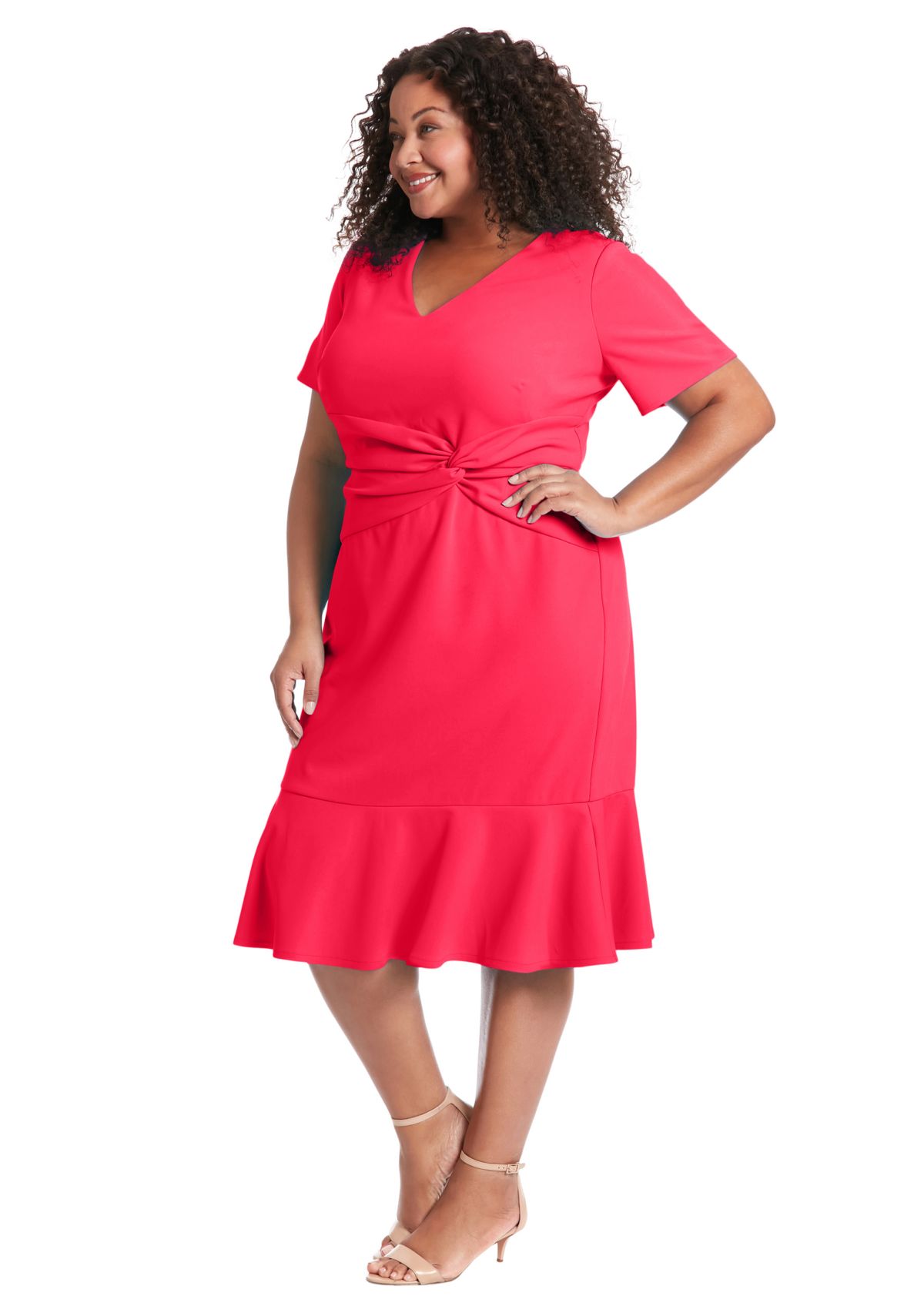 Plus Size Short Sleeve V-Neck Midi Dress
