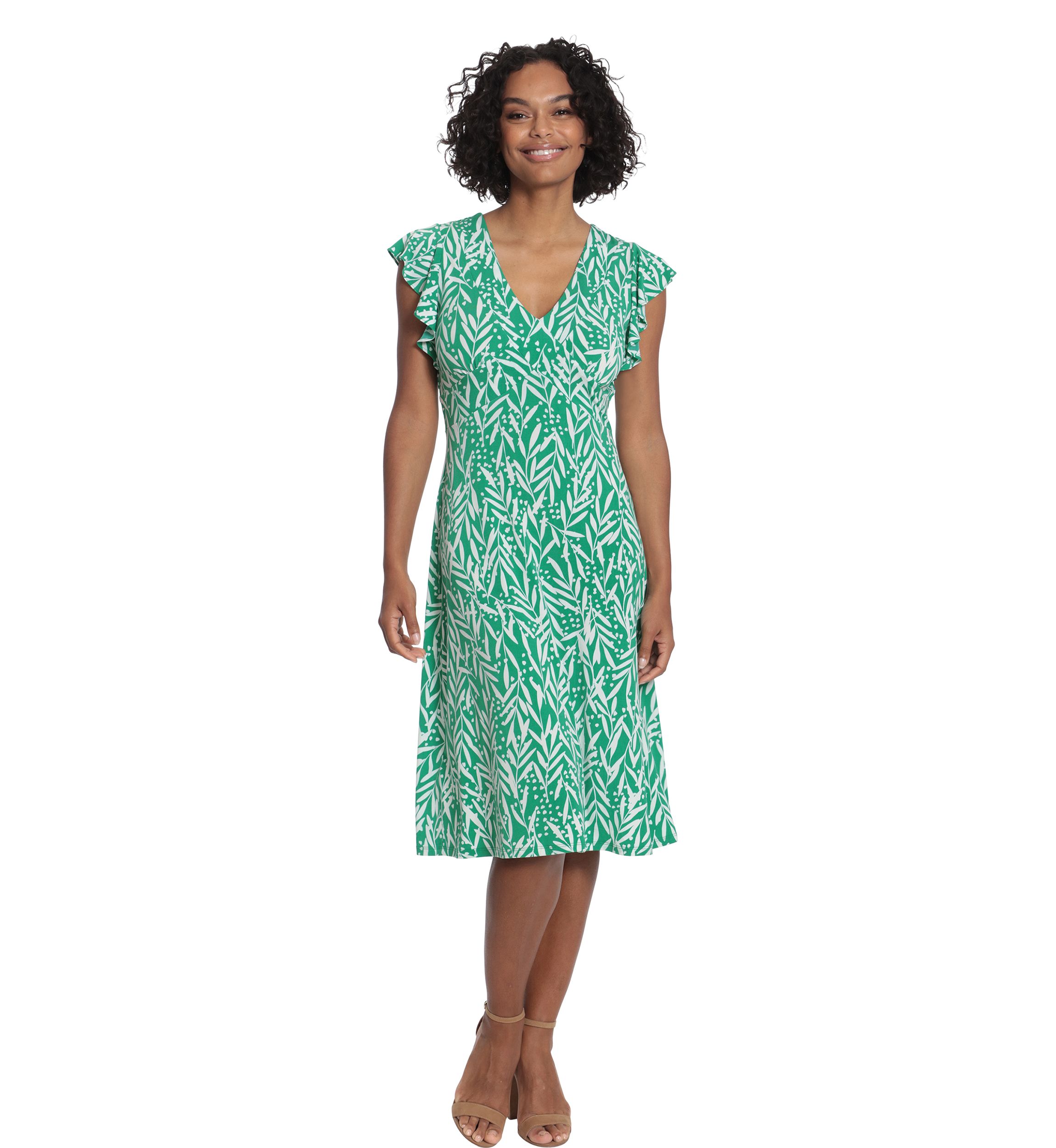 Womens V-Neck Ruffle Sleeve Midi Dress