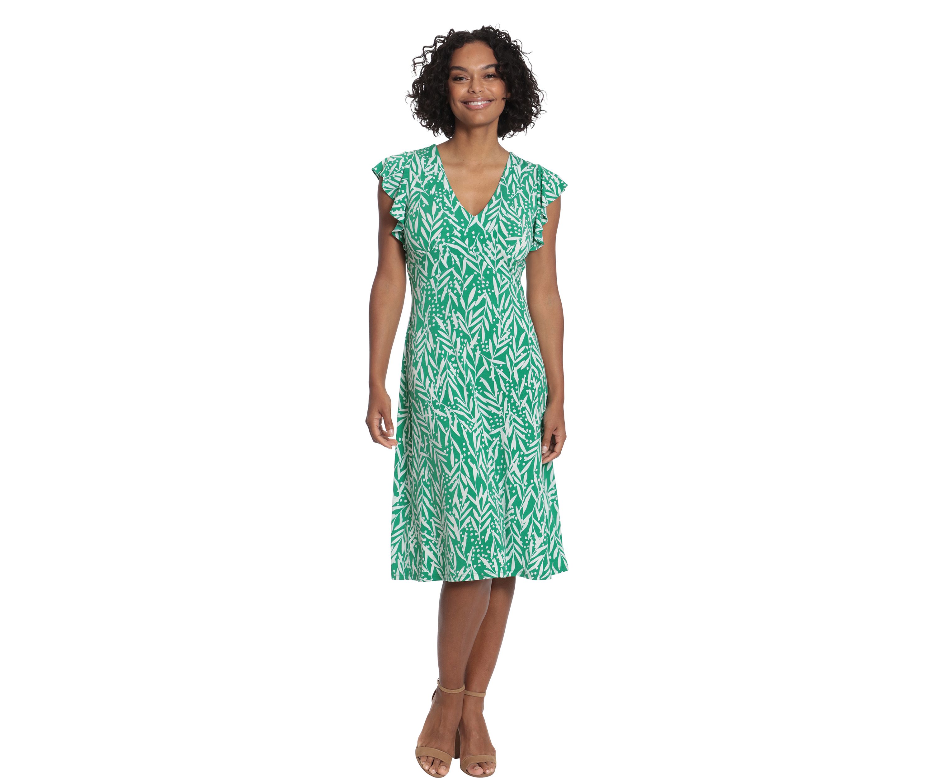 Womens V-Neck Ruffle Sleeve Midi Dress