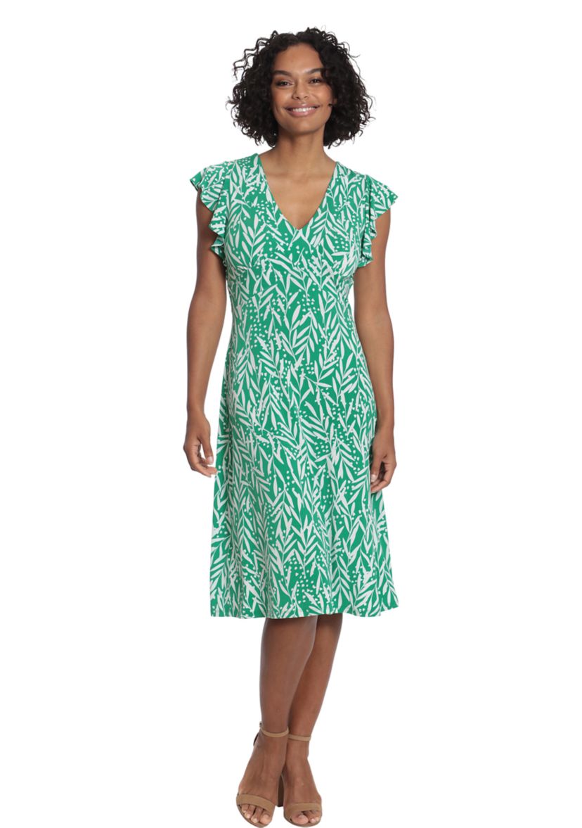 Womens V-Neck Ruffle Sleeve Midi Dress