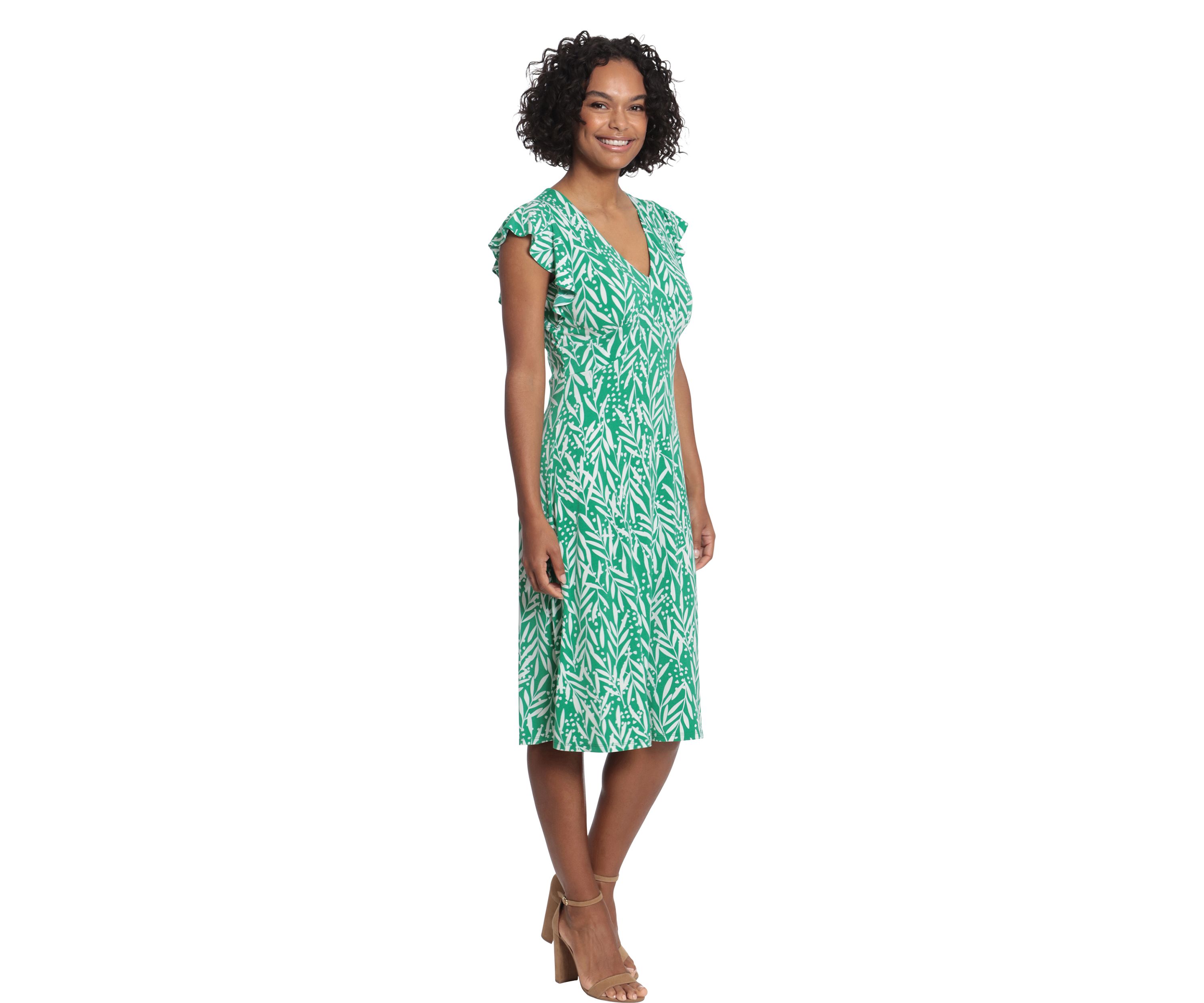 Womens V-Neck Ruffle Sleeve Midi Dress