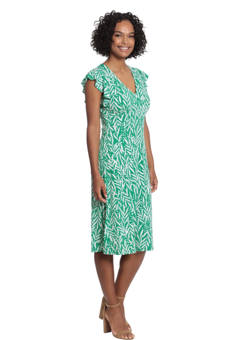 Womens V-Neck Ruffle Sleeve Midi Dress