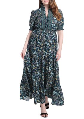 Women's Short Puff Sleeve Floral Print Maxi Dress