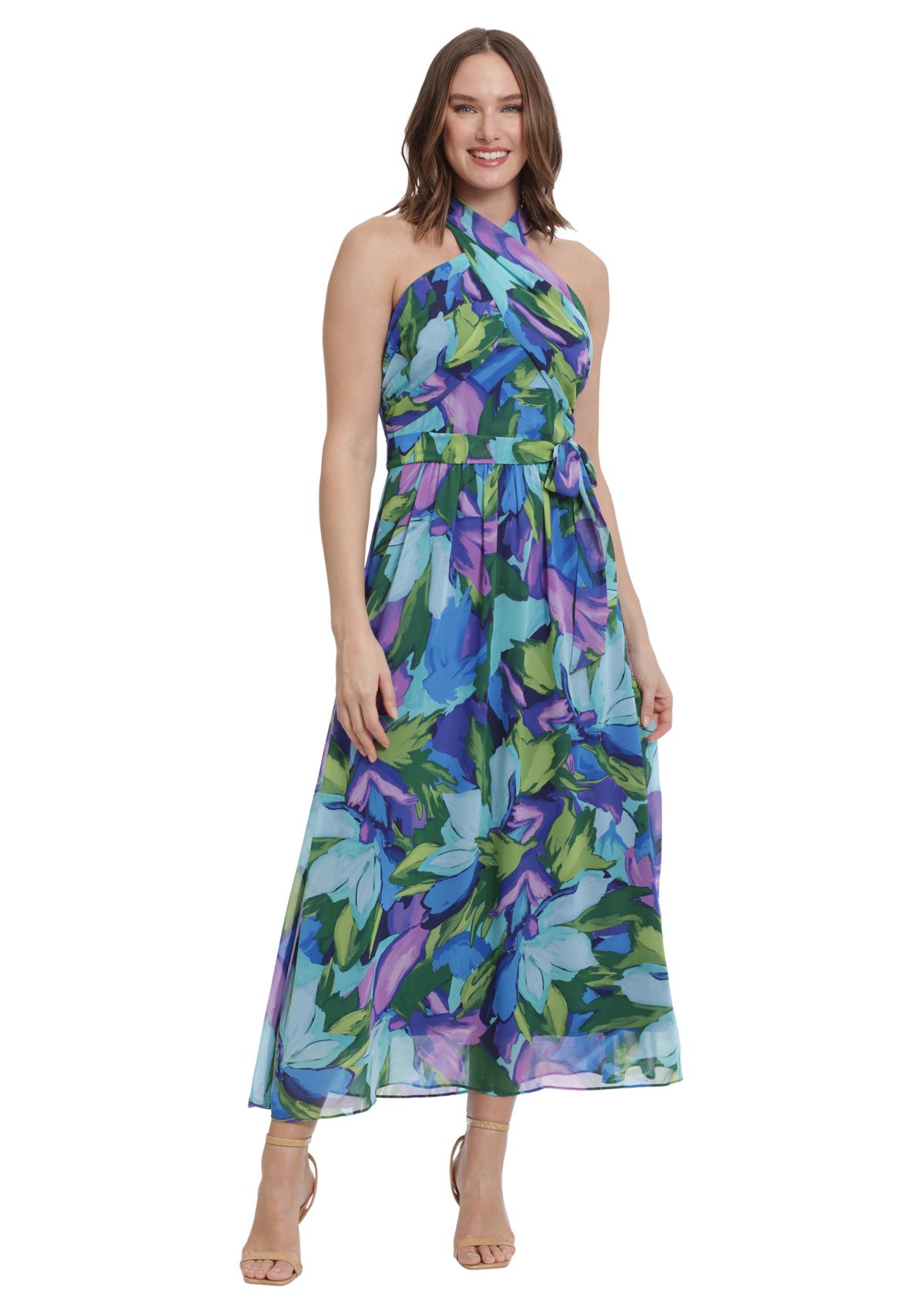 Womens Printed Chiffon Wrap Neck Halter Maxi Dress