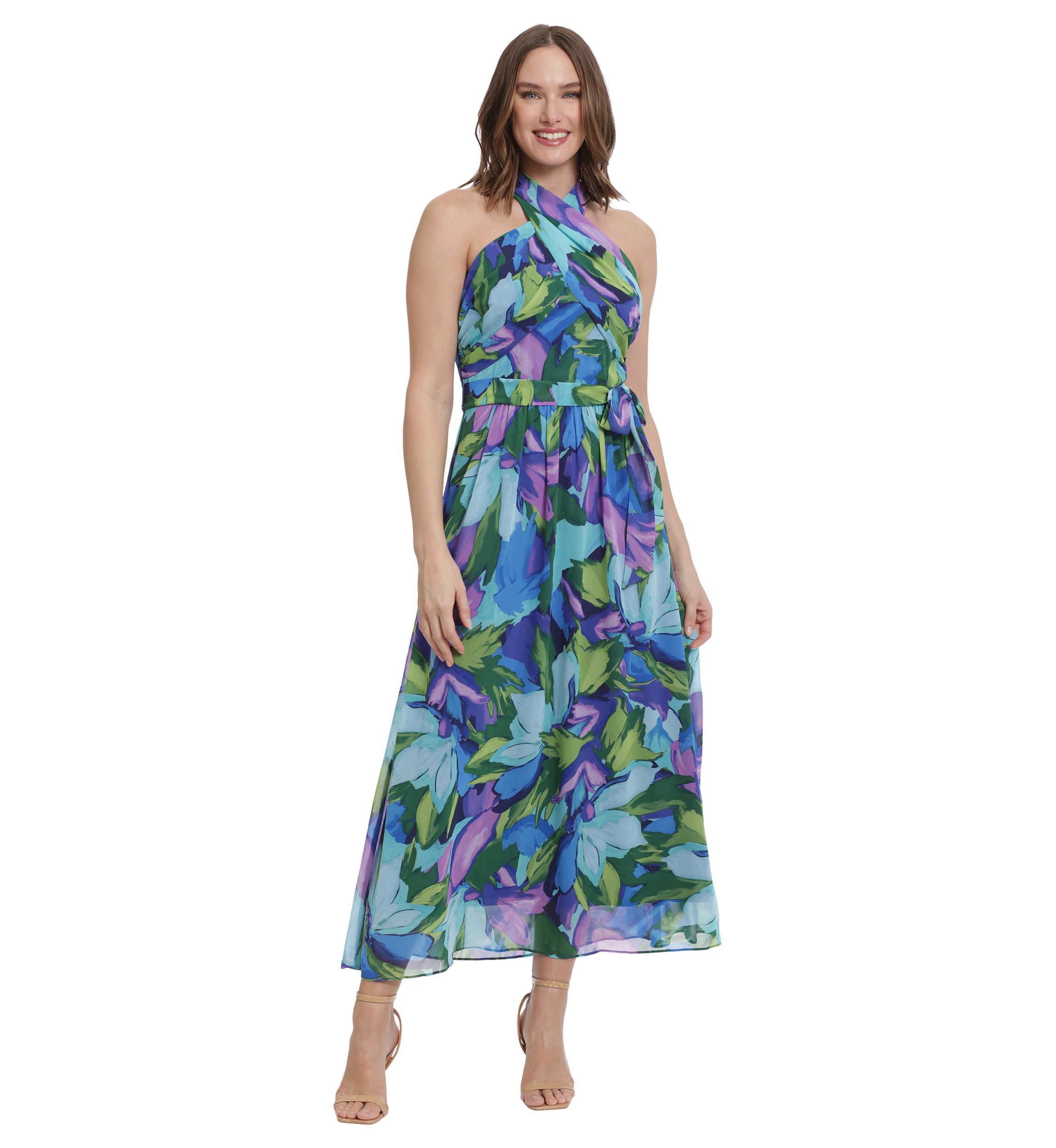 Womens Printed Chiffon Wrap Neck Halter Maxi Dress
