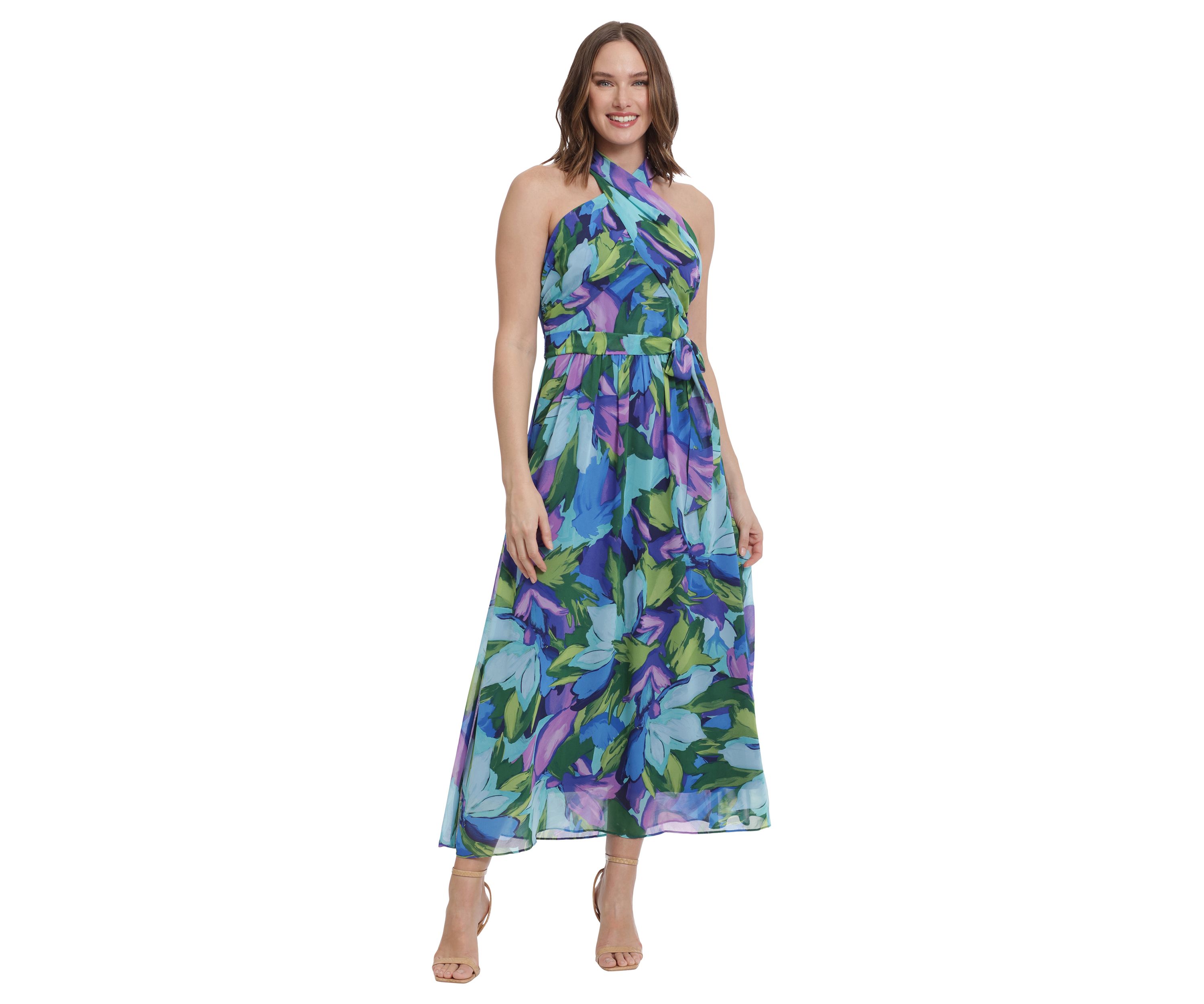 Womens Printed Chiffon Wrap Neck Halter Maxi Dress