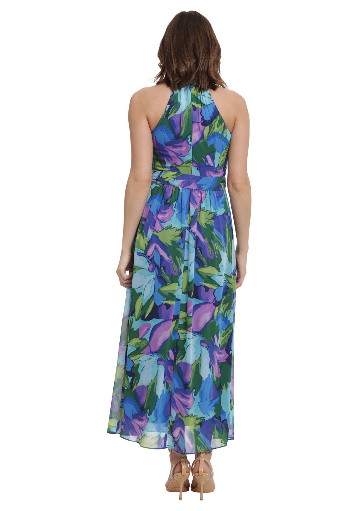 Womens Printed Chiffon Wrap Neck Halter Maxi Dress