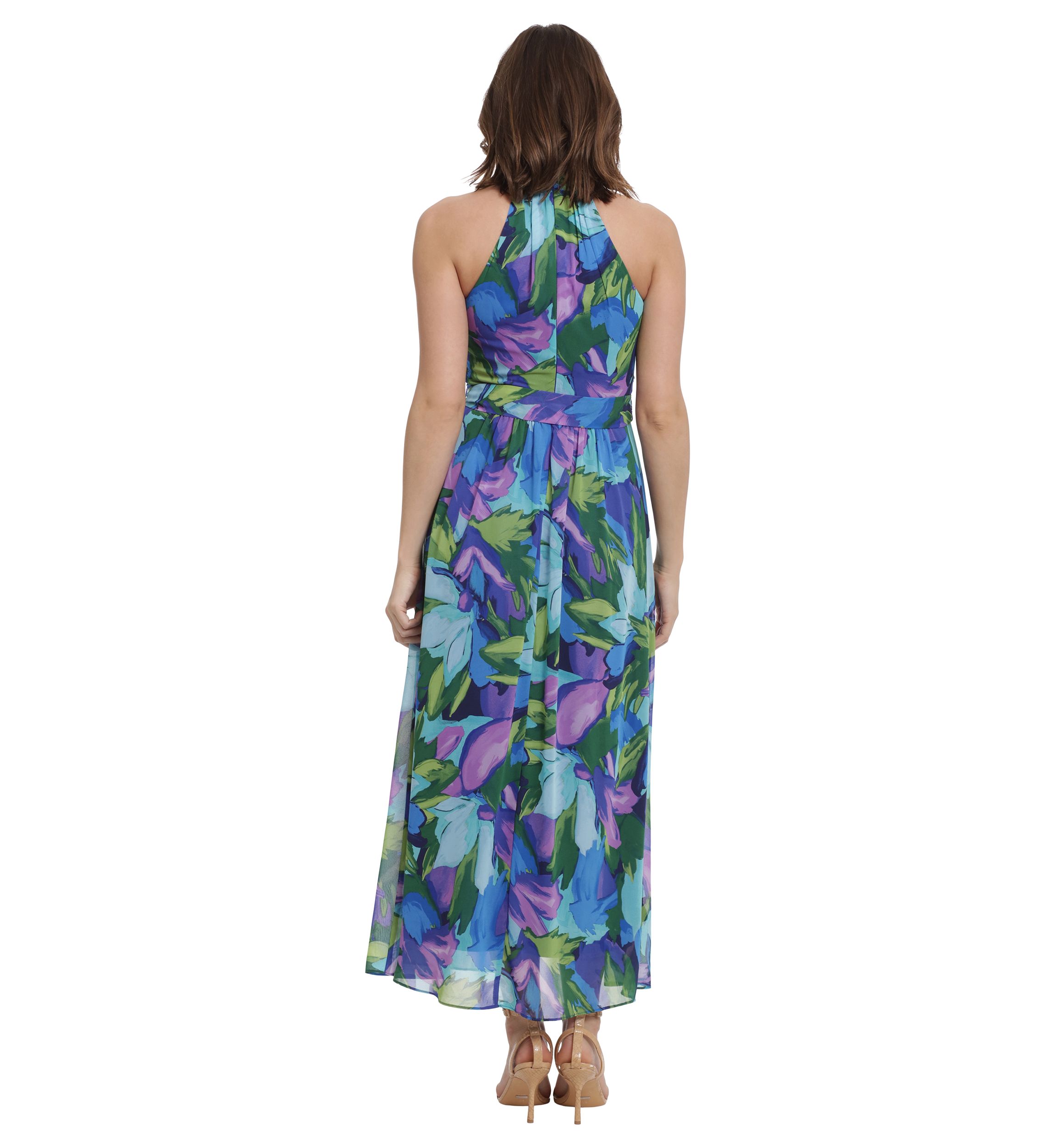 Womens Printed Chiffon Wrap Neck Halter Maxi Dress