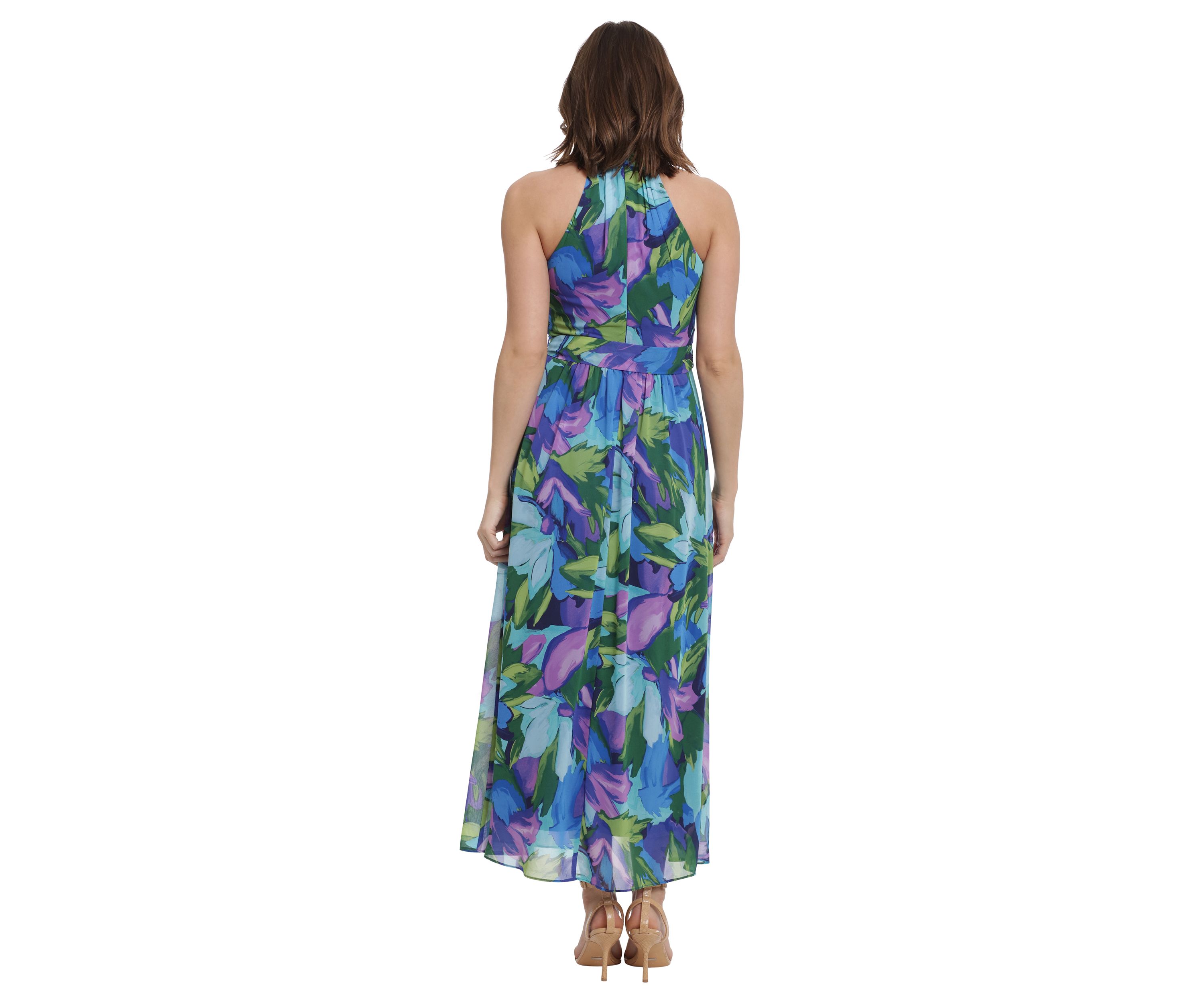 Womens Printed Chiffon Wrap Neck Halter Maxi Dress