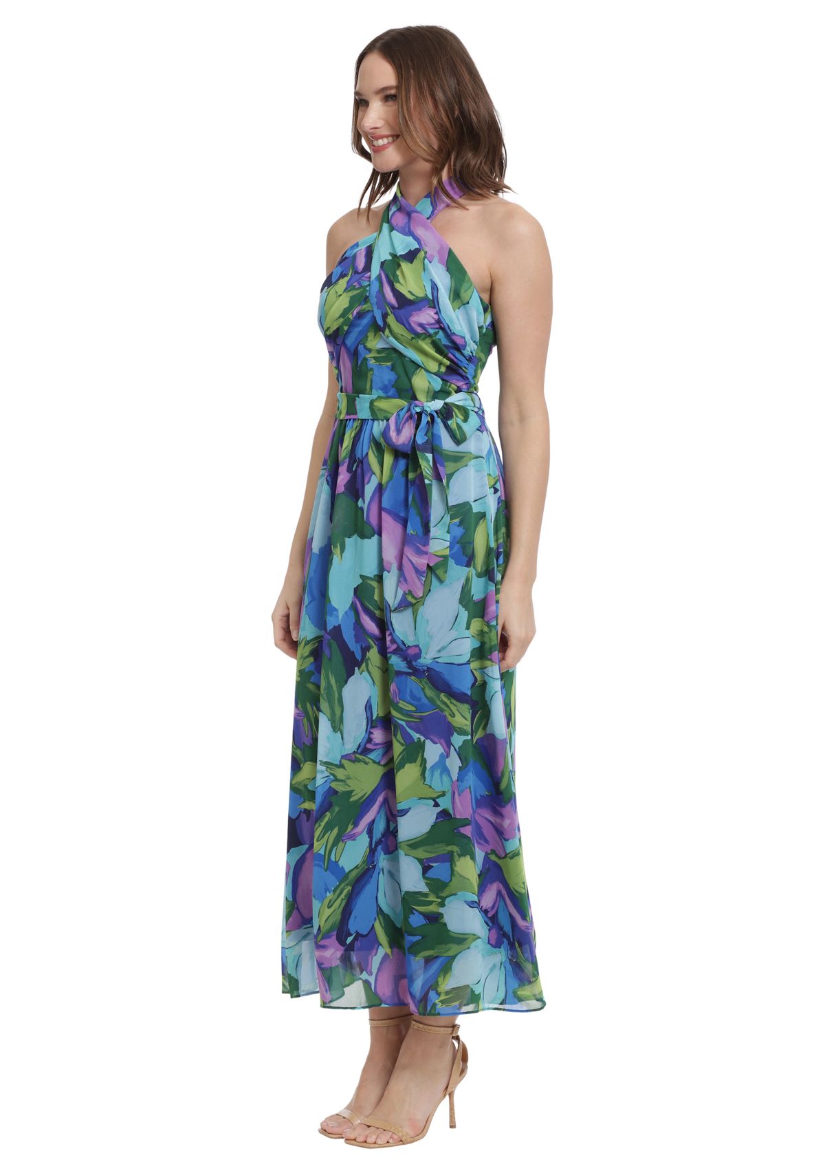 Womens Printed Chiffon Wrap Neck Halter Maxi Dress