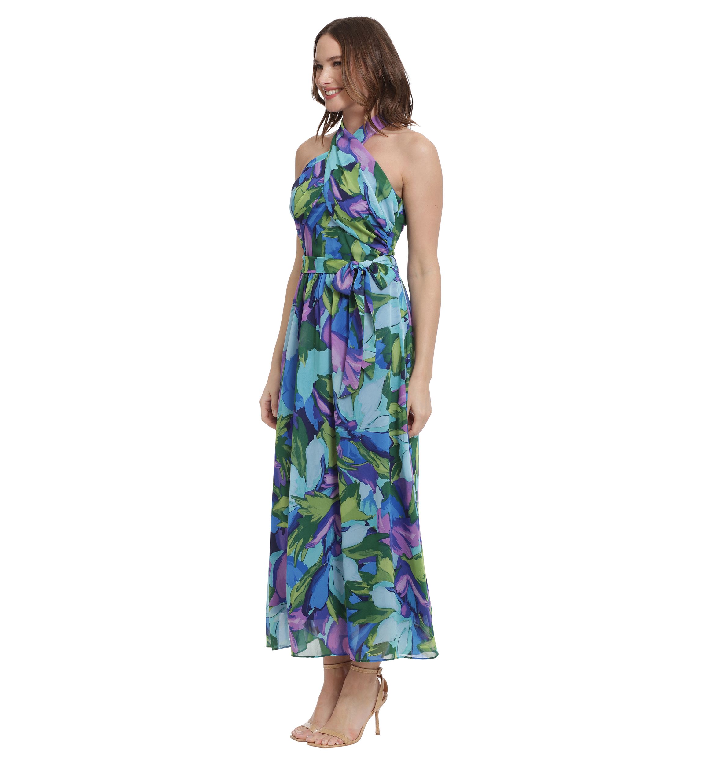 Womens Printed Chiffon Wrap Neck Halter Maxi Dress