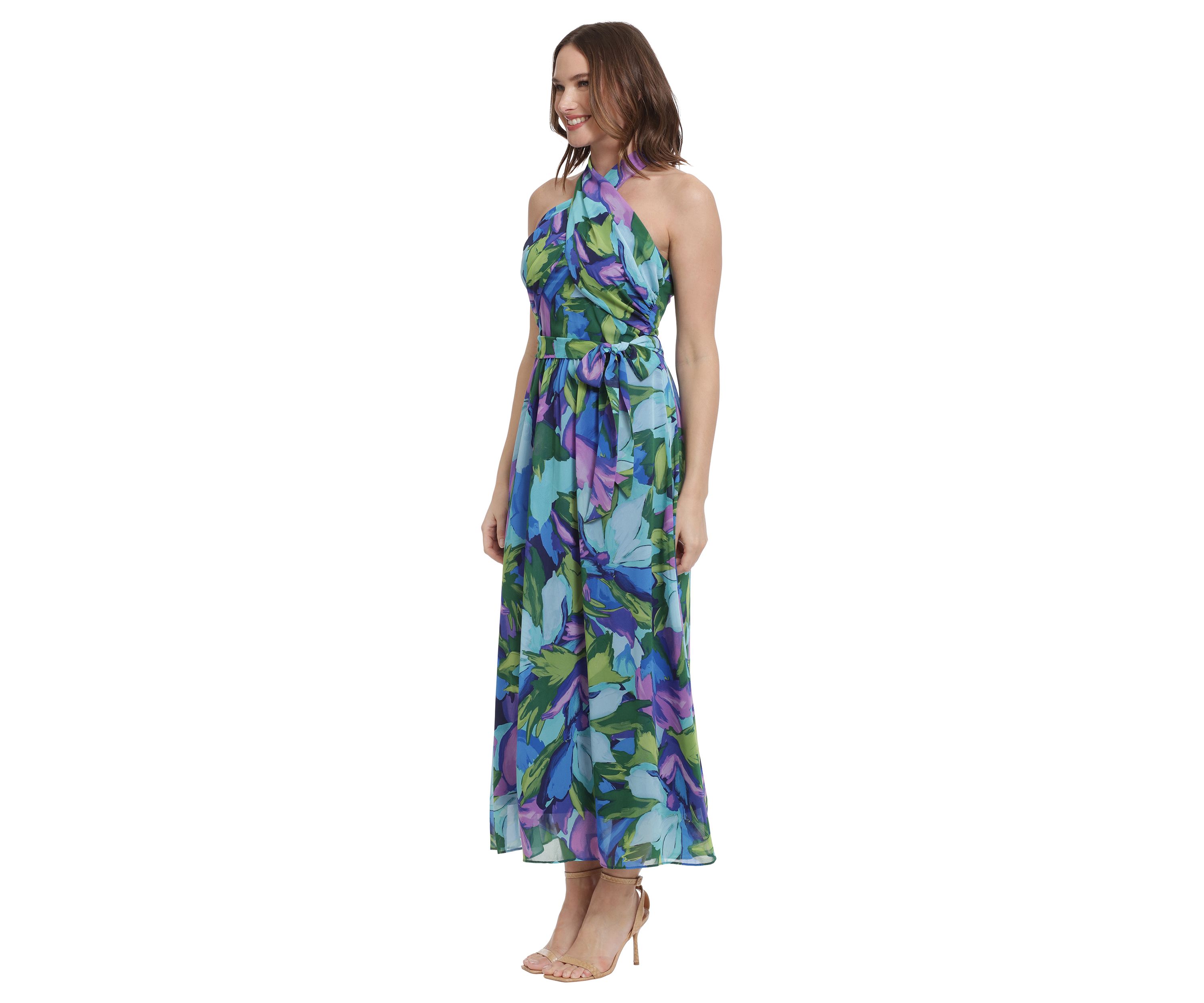 Womens Printed Chiffon Wrap Neck Halter Maxi Dress