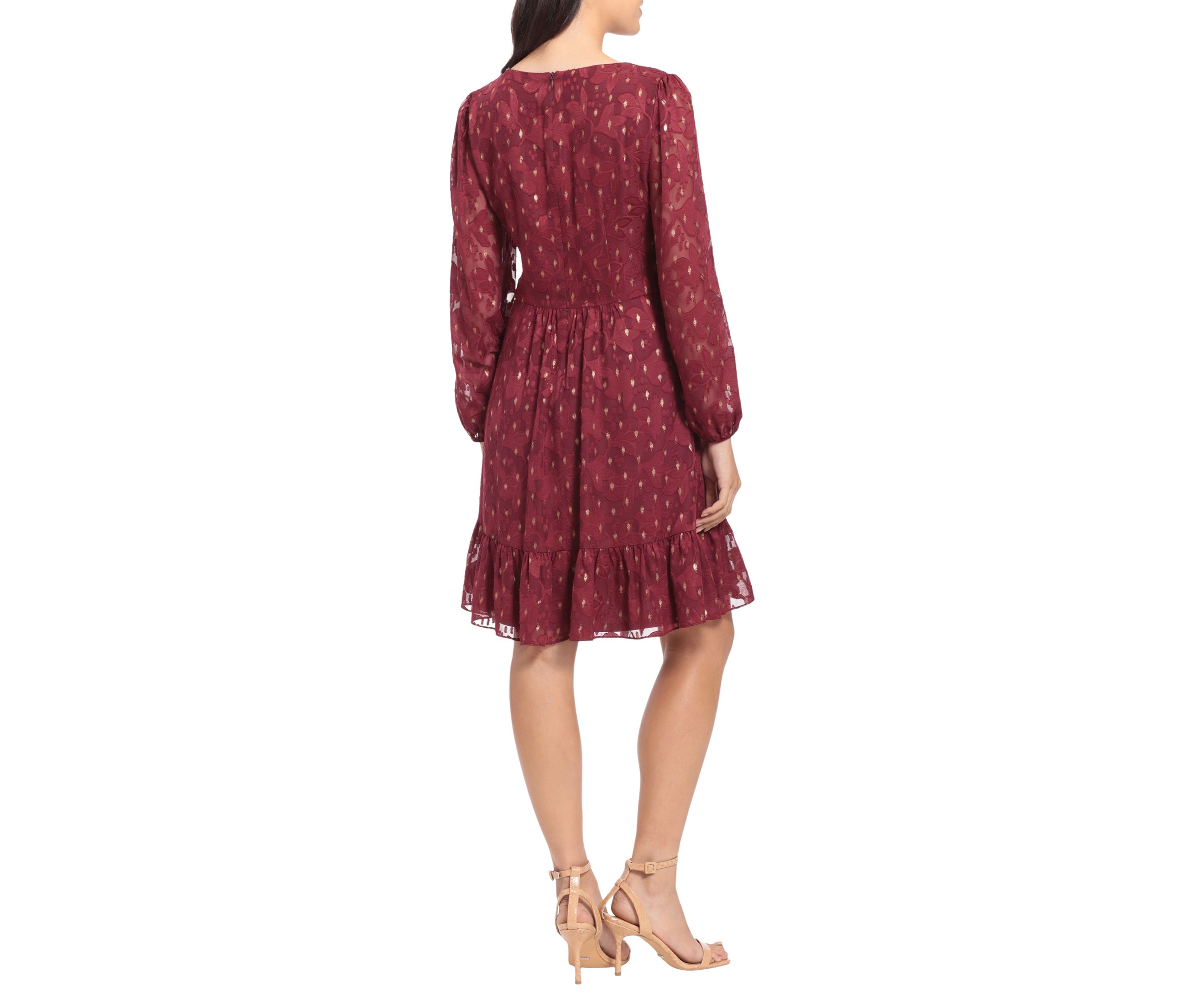 Womens Blouson Sleeve Foil Print V-Neck Babydoll Dress