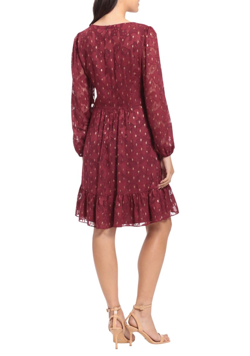 Womens Blouson Sleeve Foil Print V-Neck Babydoll Dress