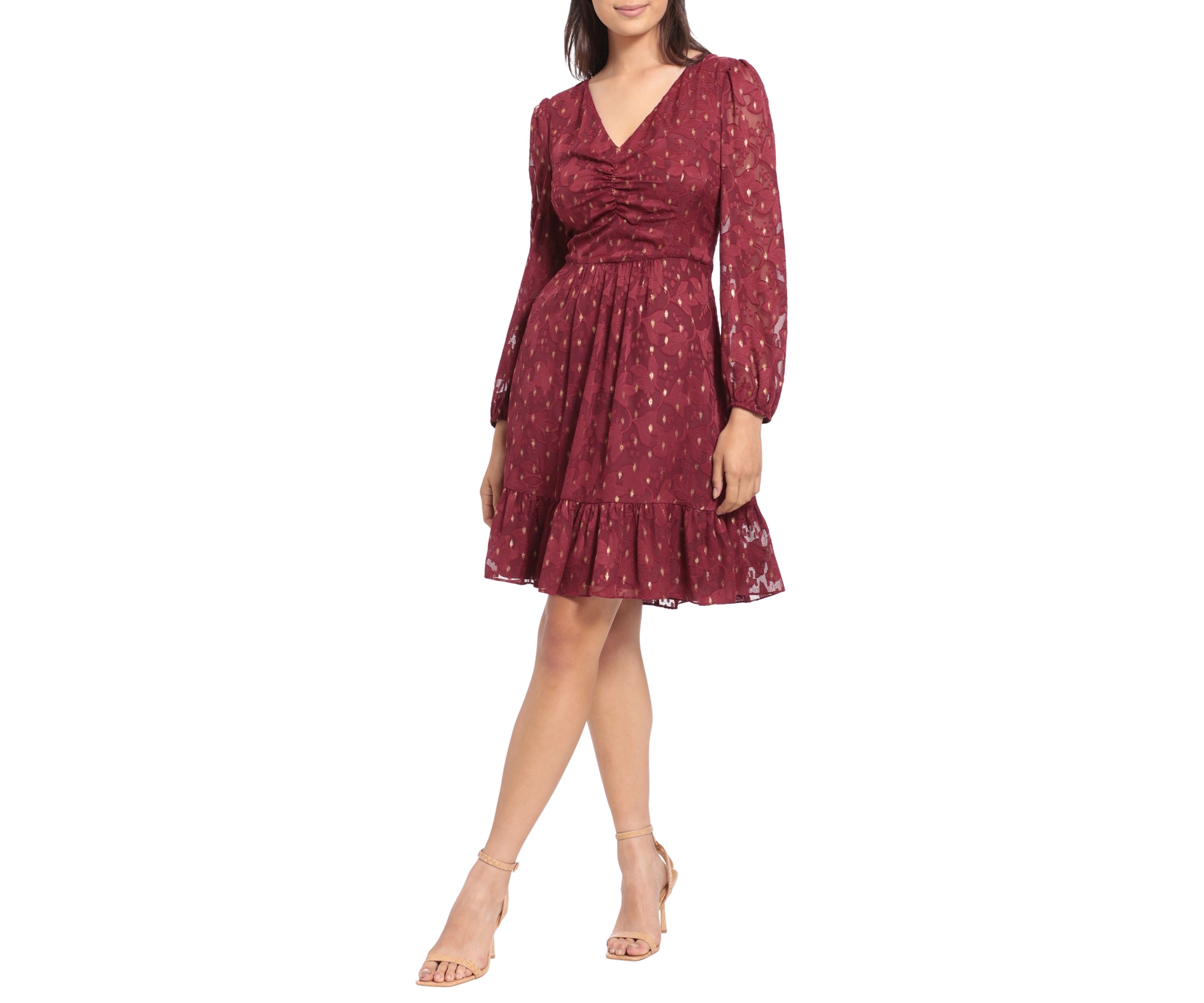 Womens Blouson Sleeve Foil Print V-Neck Babydoll Dress