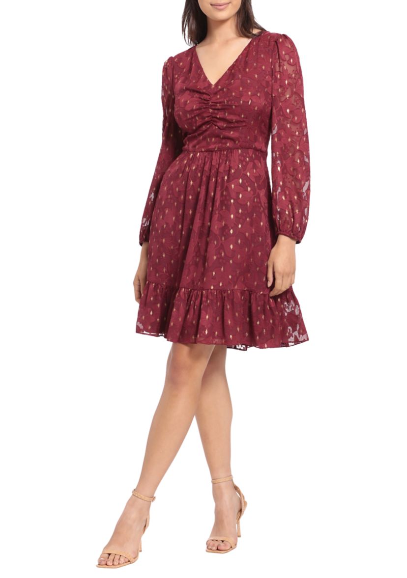 Womens Blouson Sleeve Foil Print V-Neck Babydoll Dress