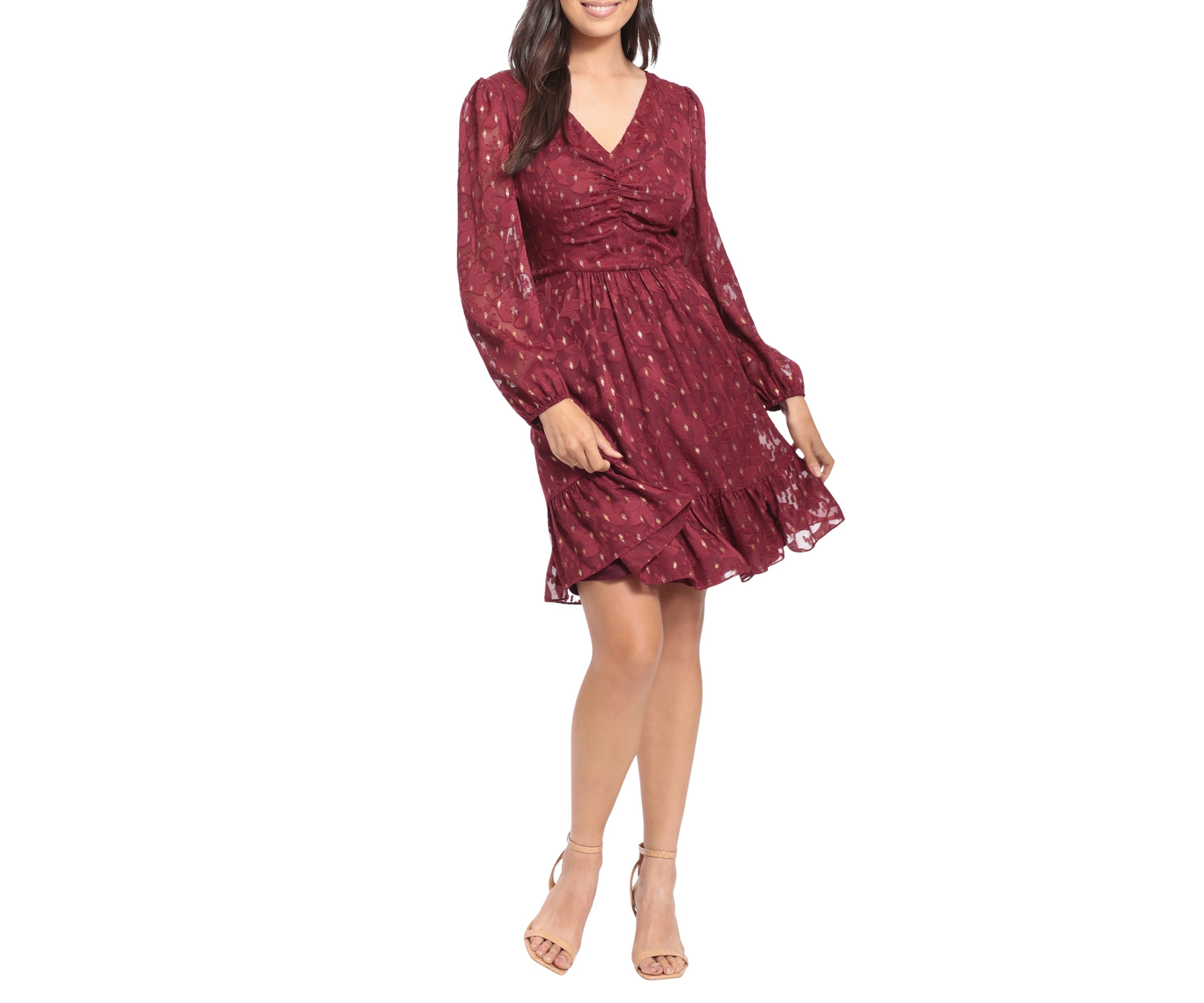 Womens Blouson Sleeve Foil Print V-Neck Babydoll Dress