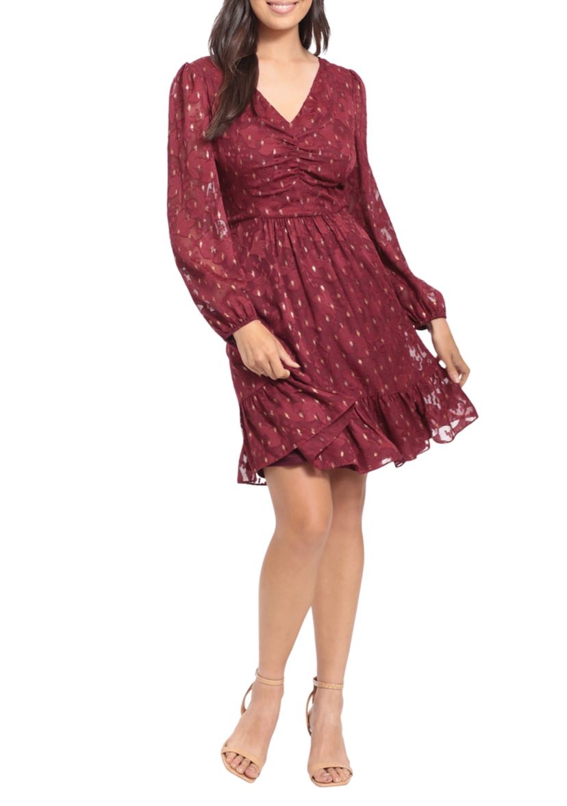 Womens Blouson Sleeve Foil Print V-Neck Babydoll Dress