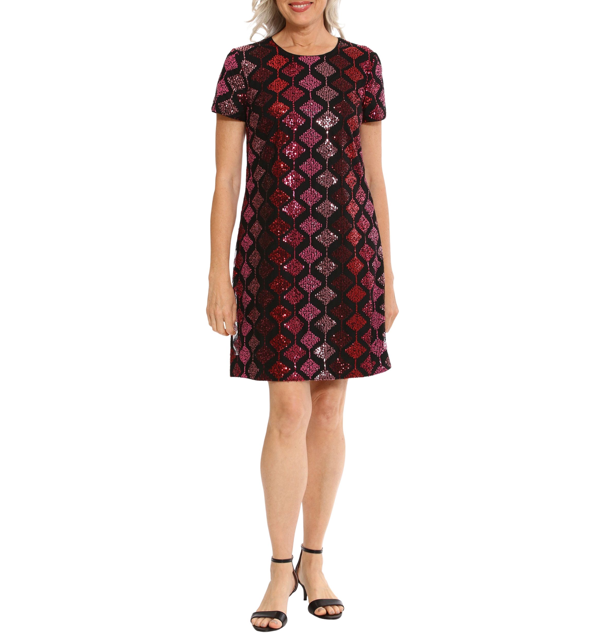 Womens Short Sleeve Geometric Print Sequin Shift Dress
