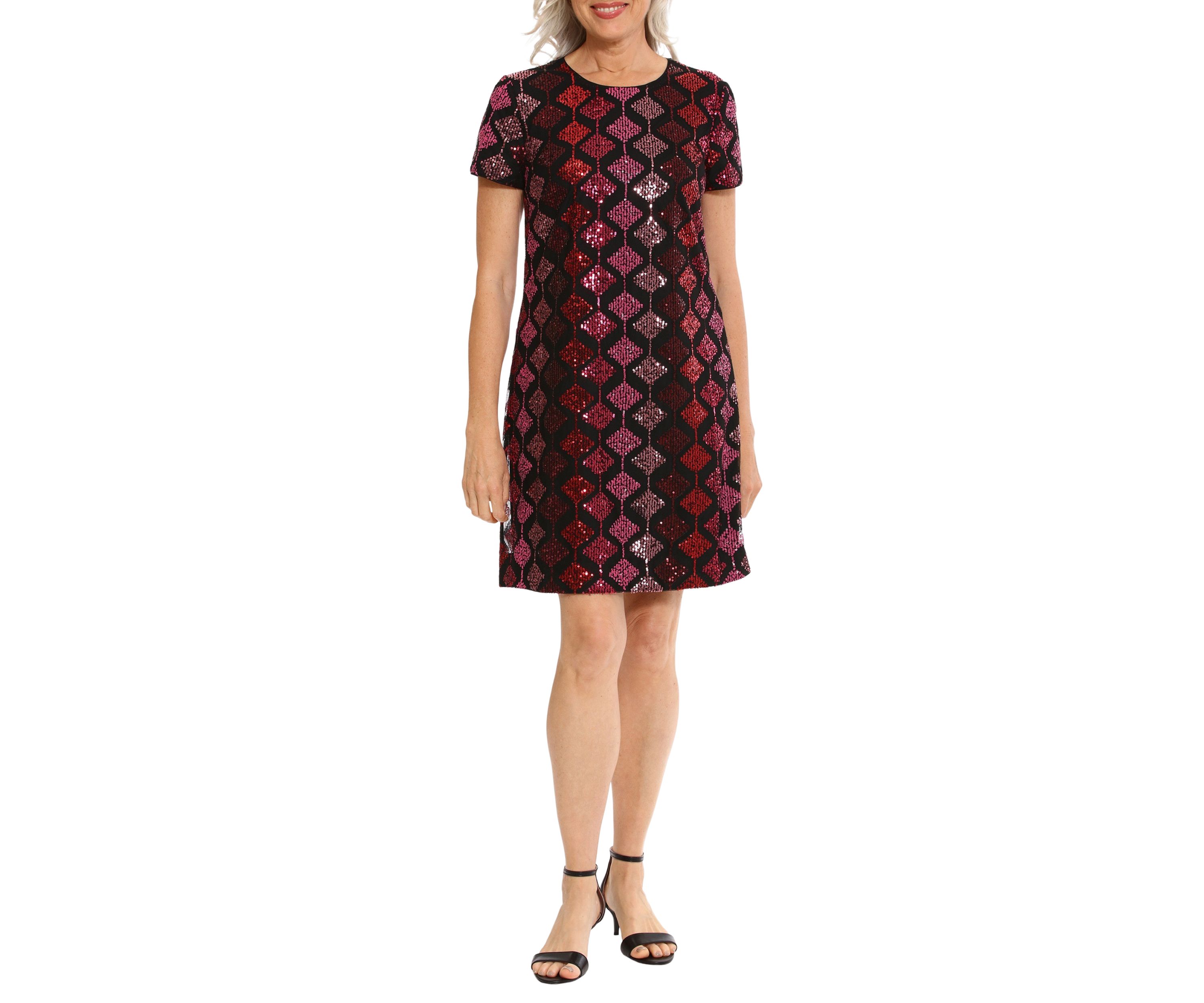 Womens Short Sleeve Geometric Print Sequin Shift Dress