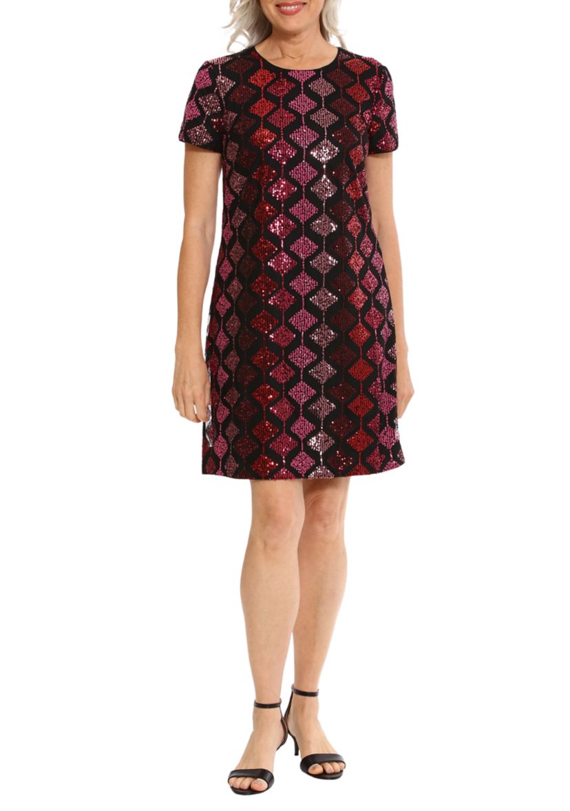 Womens Short Sleeve Geometric Print Sequin Shift Dress