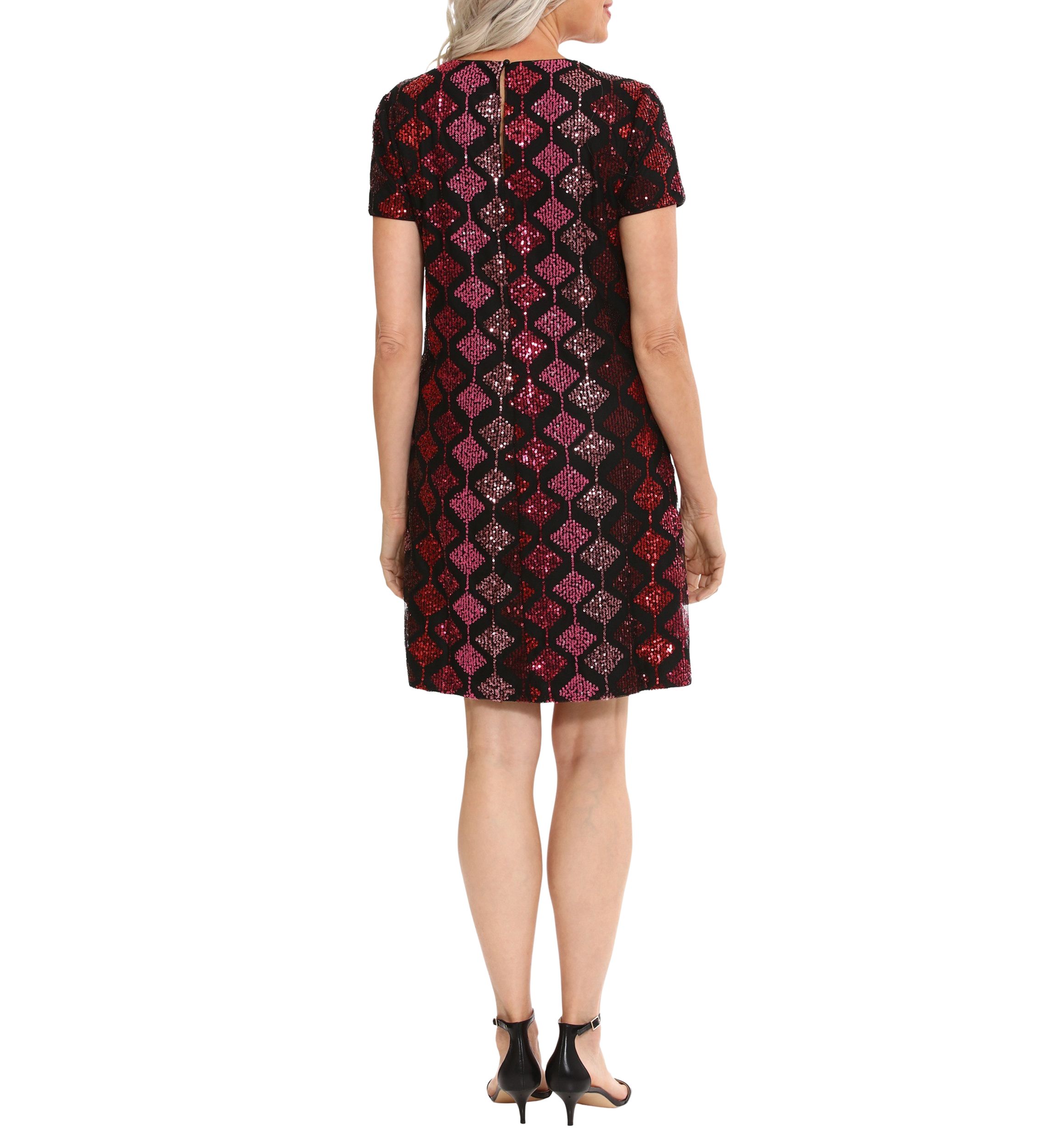 Womens Short Sleeve Geometric Print Sequin Shift Dress