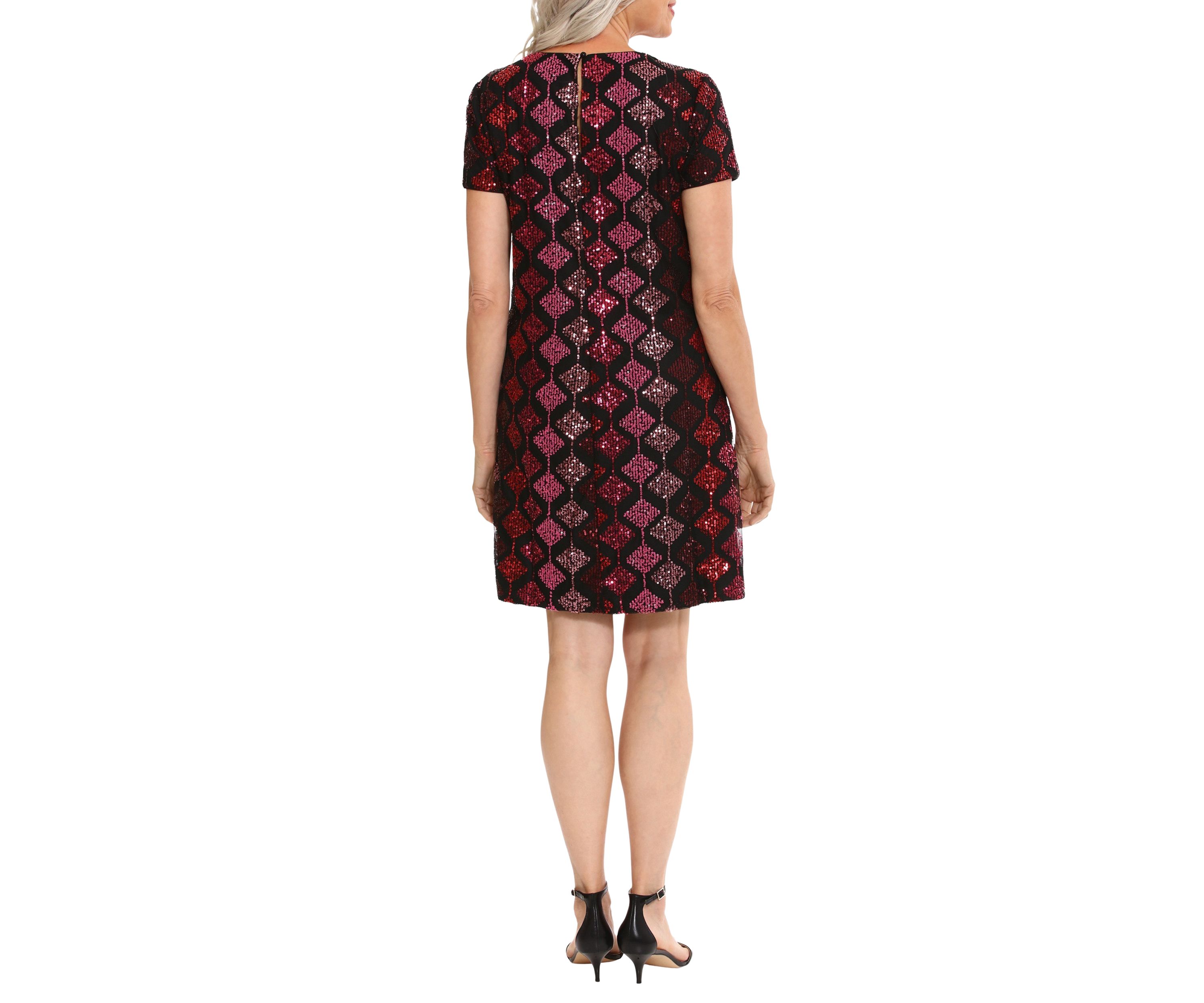 Womens Short Sleeve Geometric Print Sequin Shift Dress