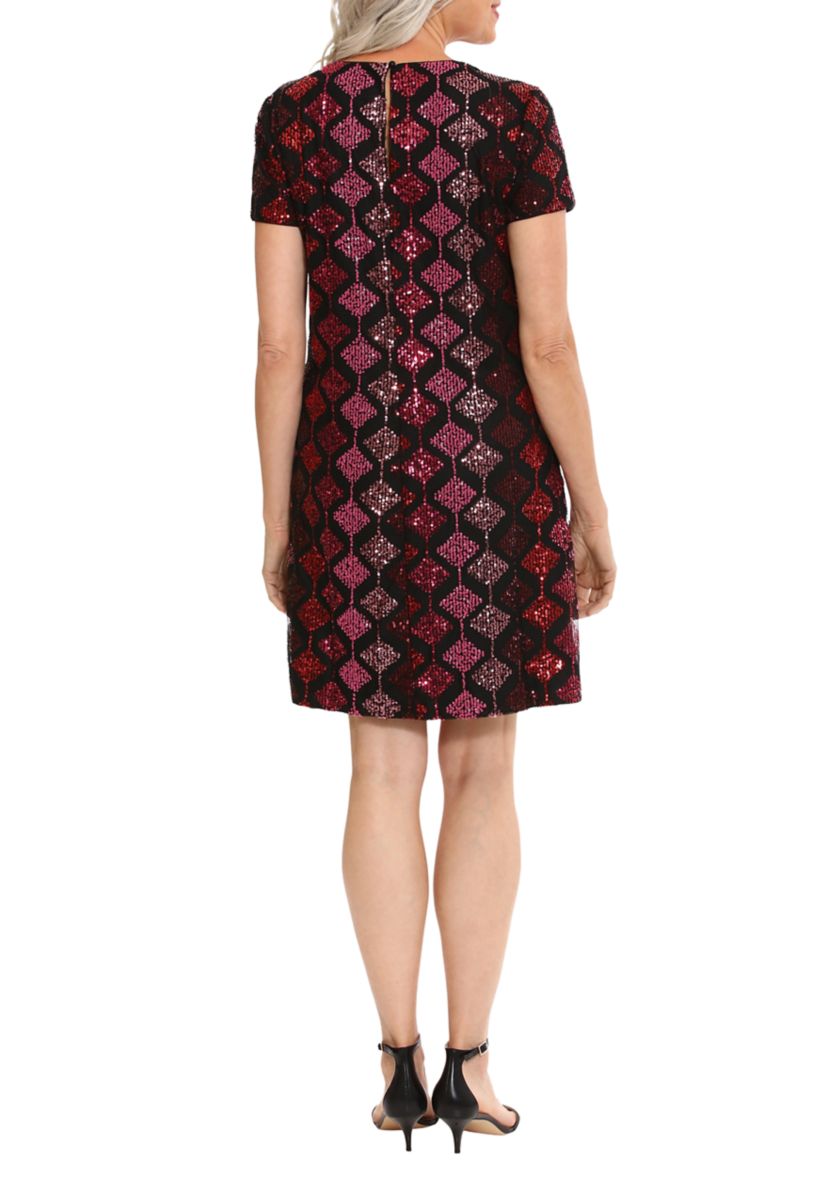 Womens Short Sleeve Geometric Print Sequin Shift Dress