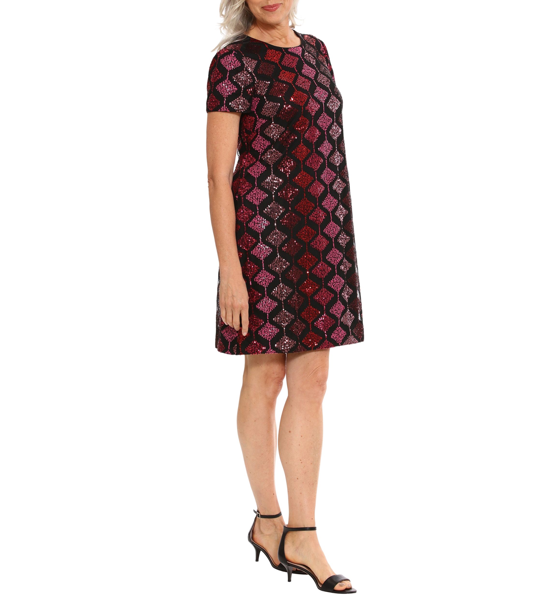 Womens Short Sleeve Geometric Print Sequin Shift Dress
