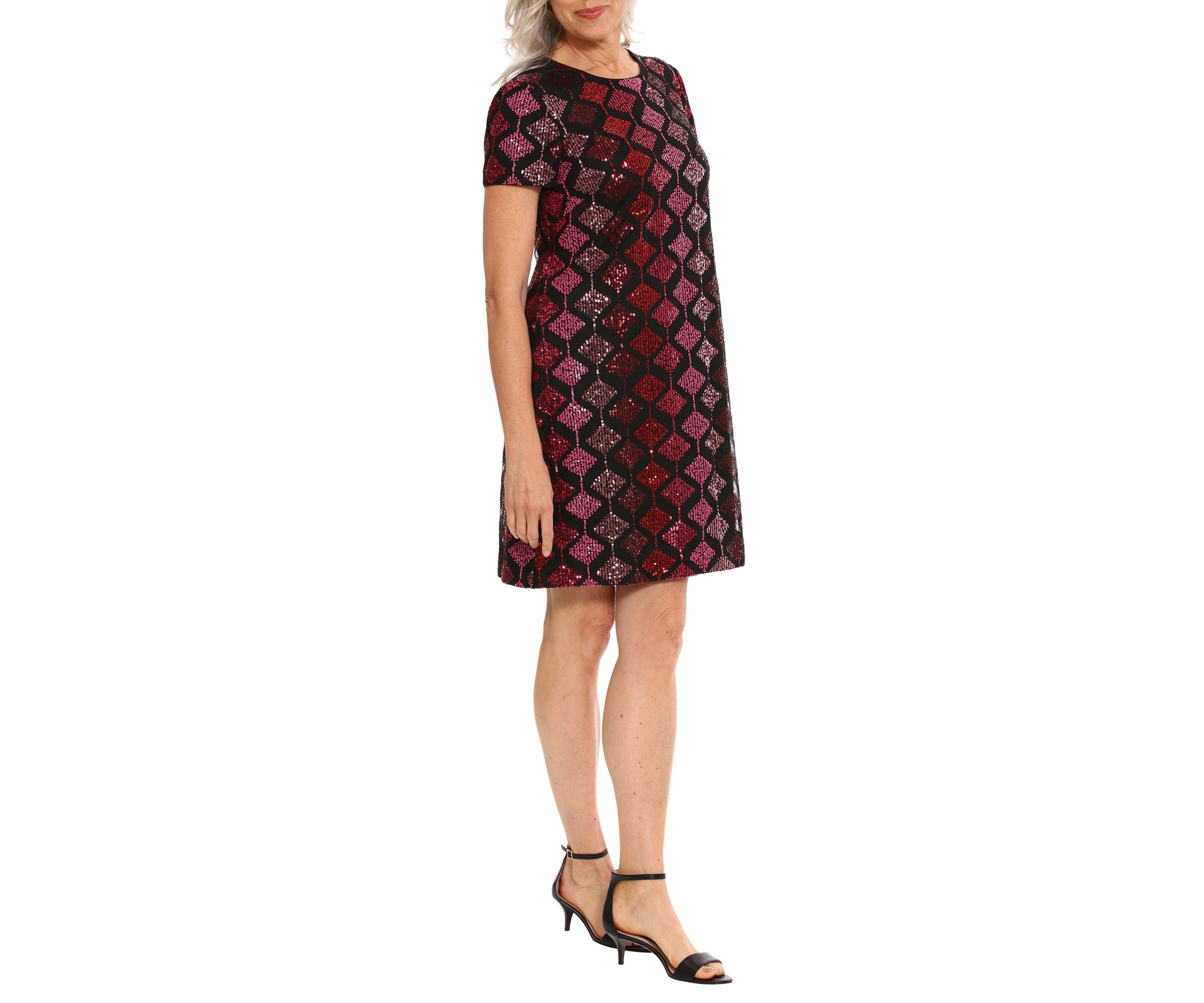 Womens Short Sleeve Geometric Print Sequin Shift Dress