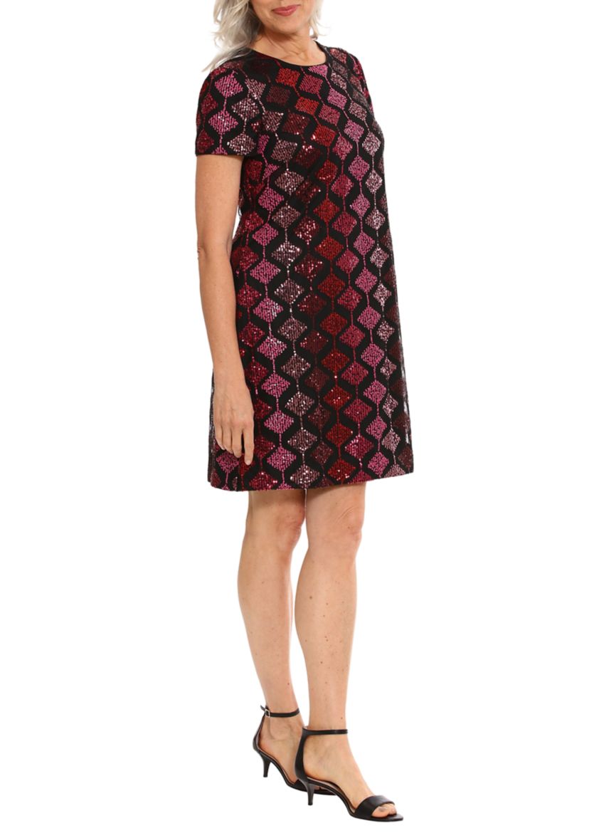 Womens Short Sleeve Geometric Print Sequin Shift Dress