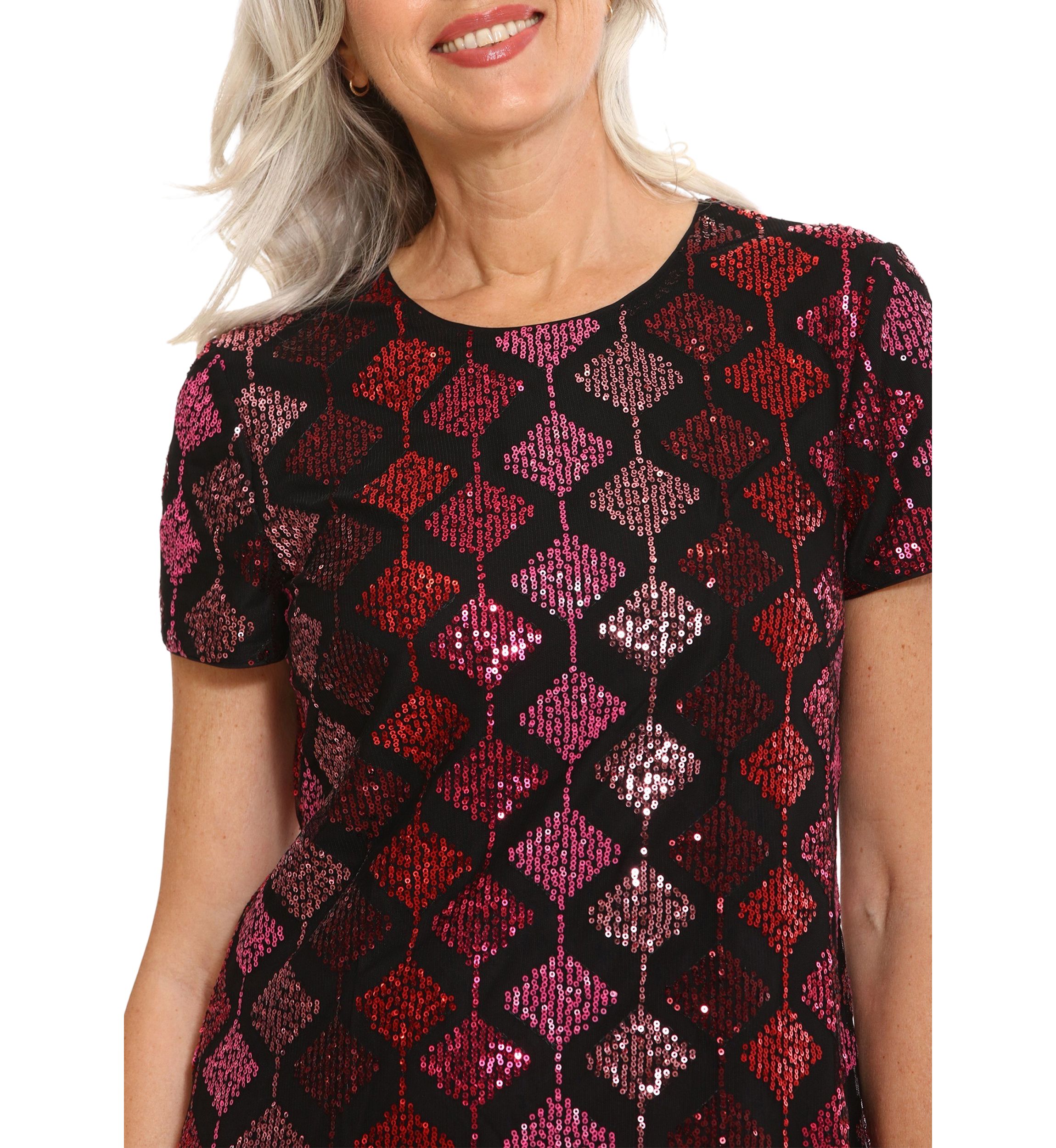 Womens Short Sleeve Geometric Print Sequin Shift Dress