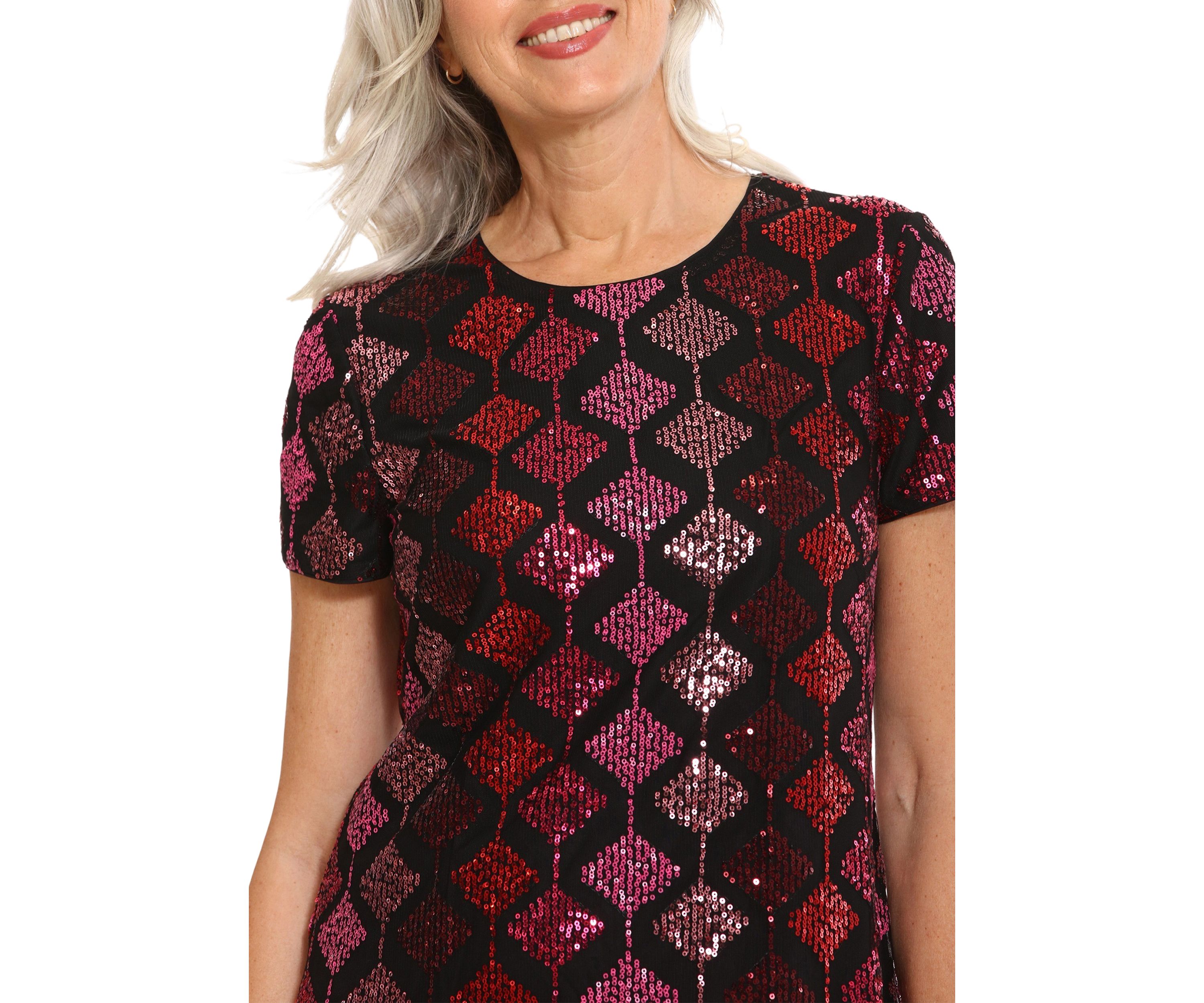 Womens Short Sleeve Geometric Print Sequin Shift Dress