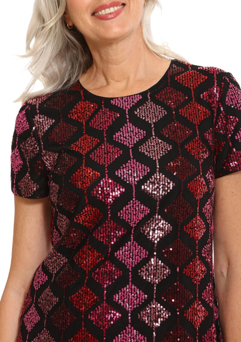 Womens Short Sleeve Geometric Print Sequin Shift Dress