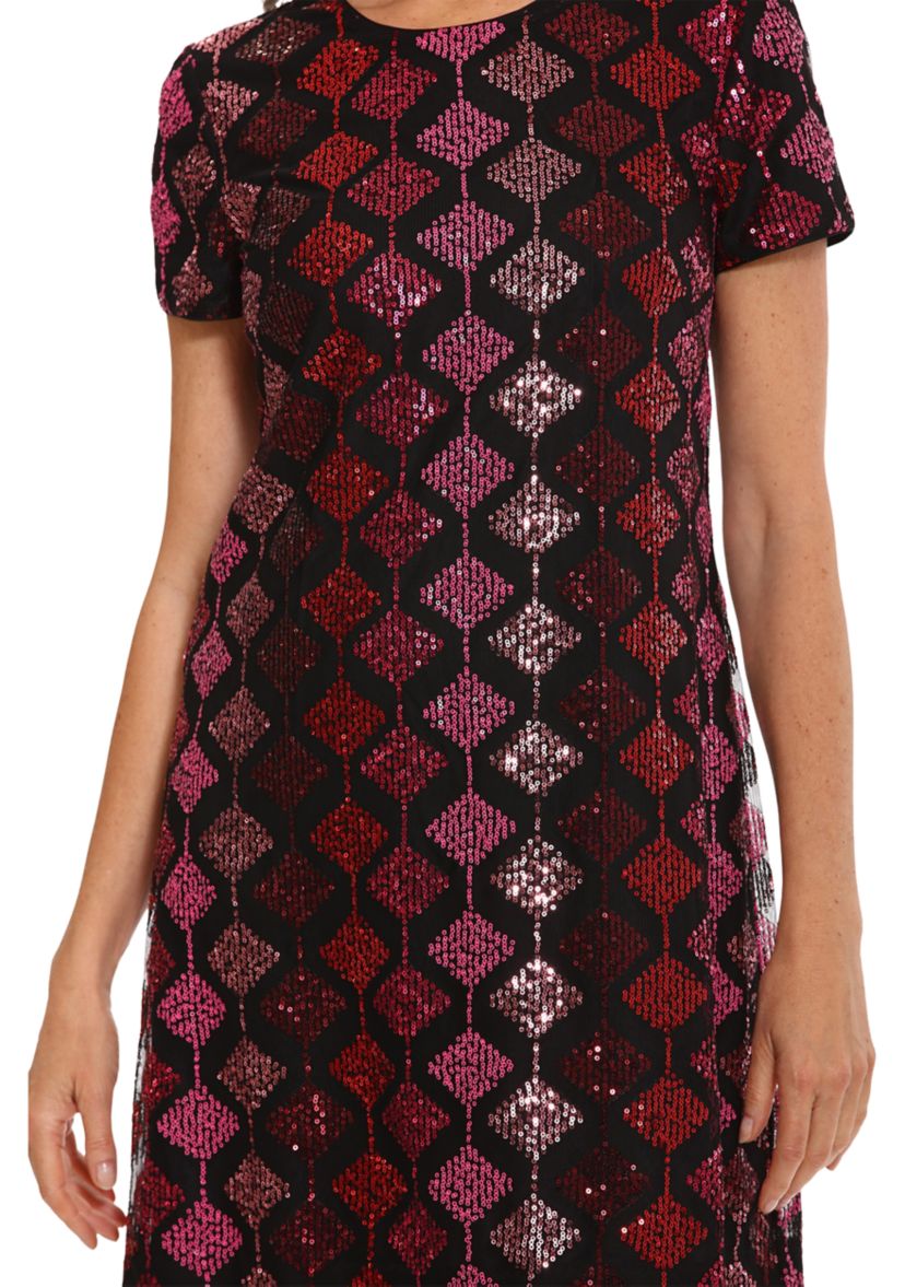 Womens Short Sleeve Geometric Print Sequin Shift Dress