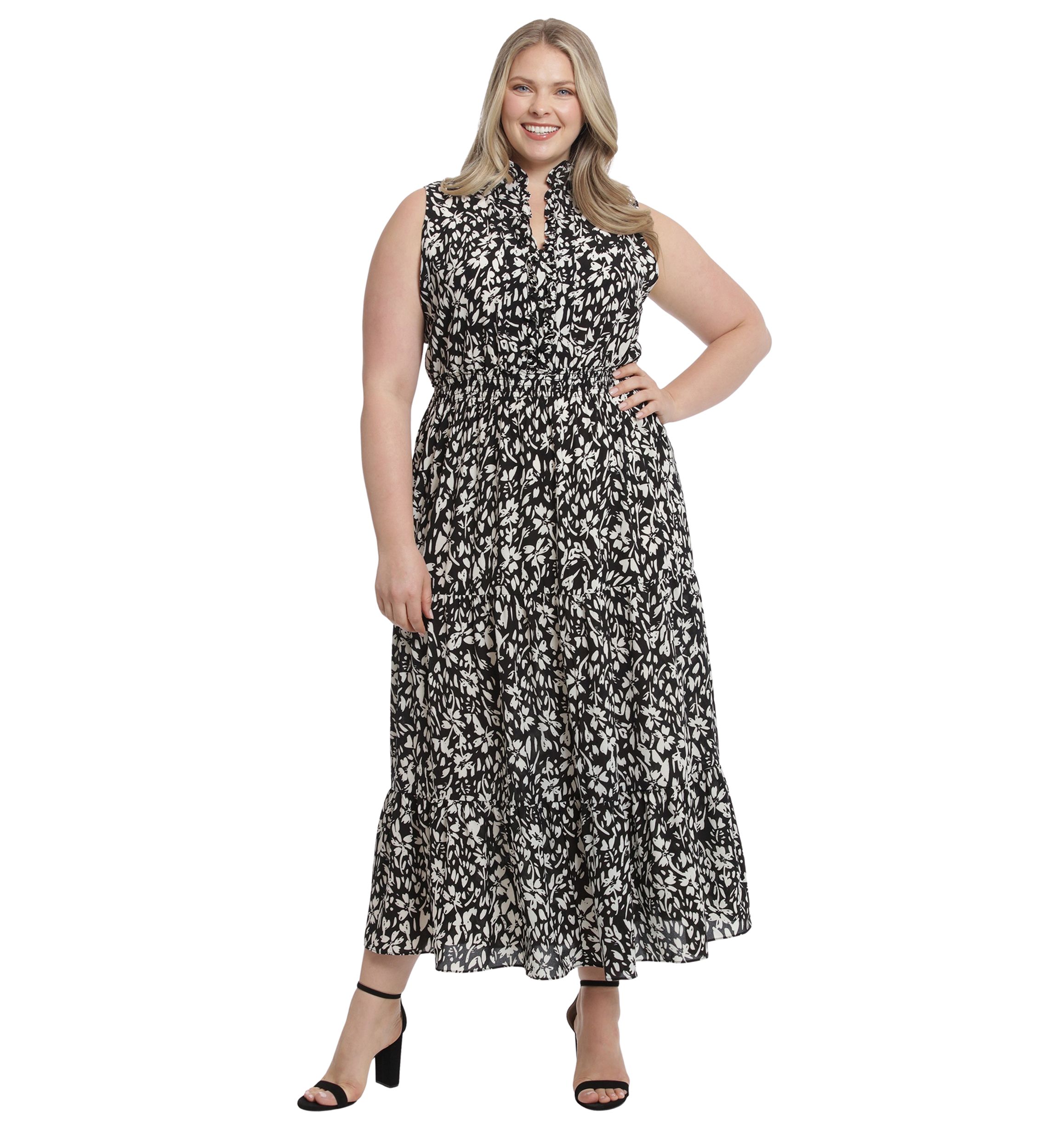 Plus Size Printed Bubble Crepe Ruffle Neck Smocked Waist Halter Tiered Maxi Dress