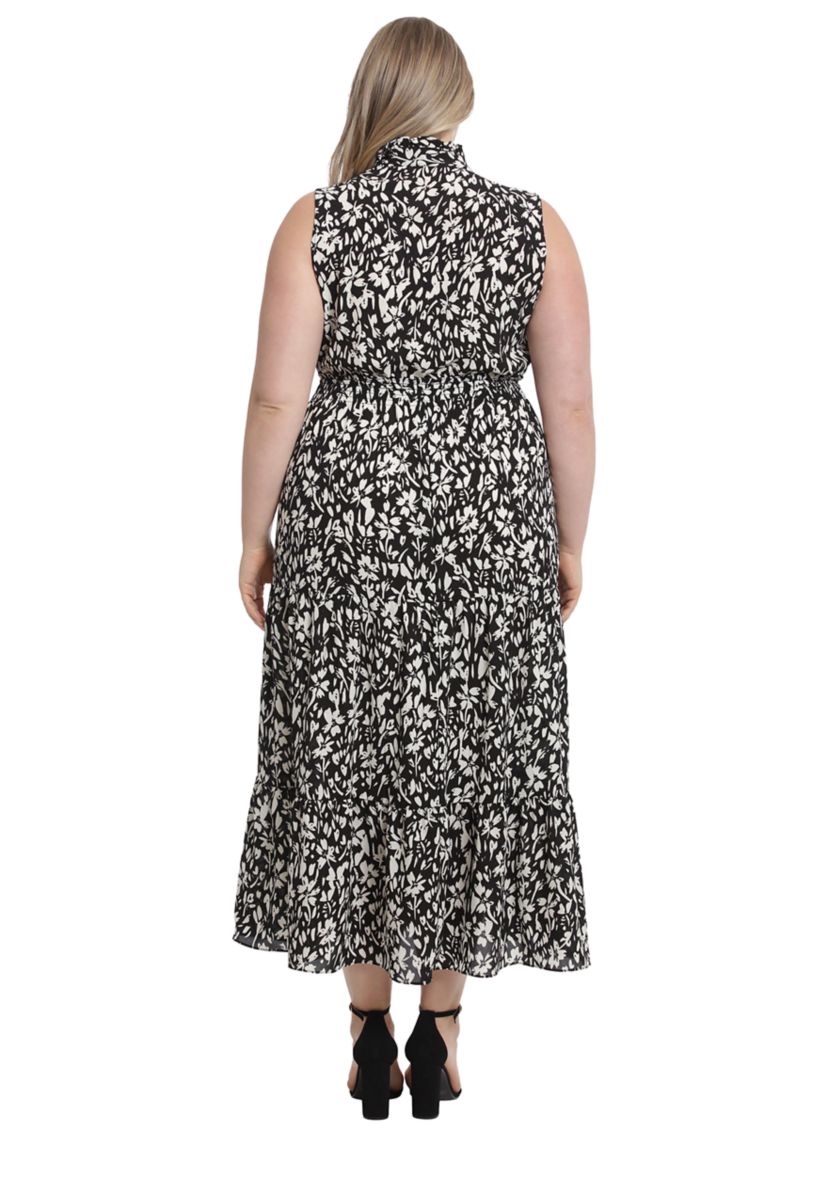 Plus Size Printed Bubble Crepe Ruffle Neck Smocked Waist Halter Tiered Maxi Dress