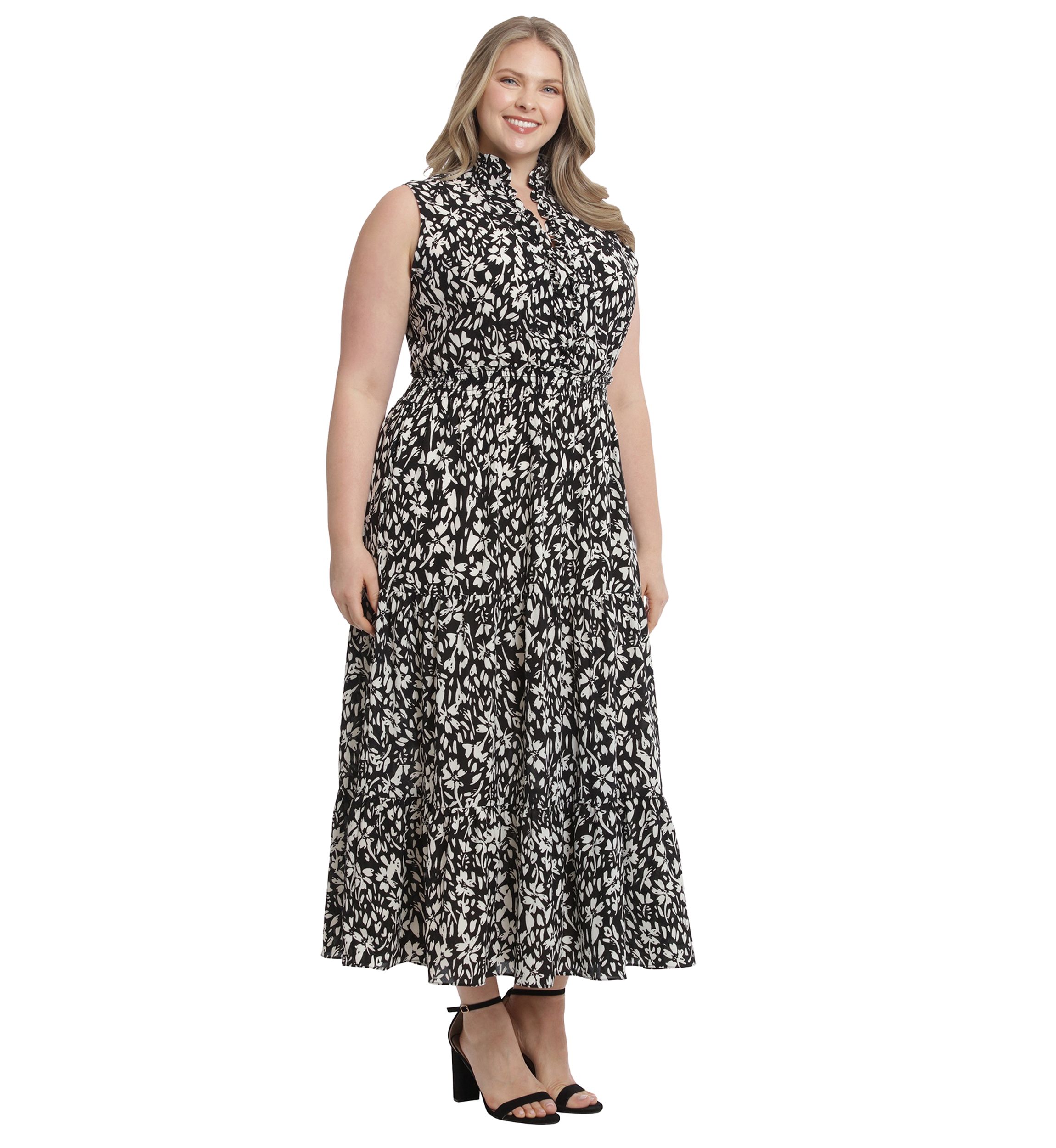 Plus Size Printed Bubble Crepe Ruffle Neck Smocked Waist Halter Tiered Maxi Dress