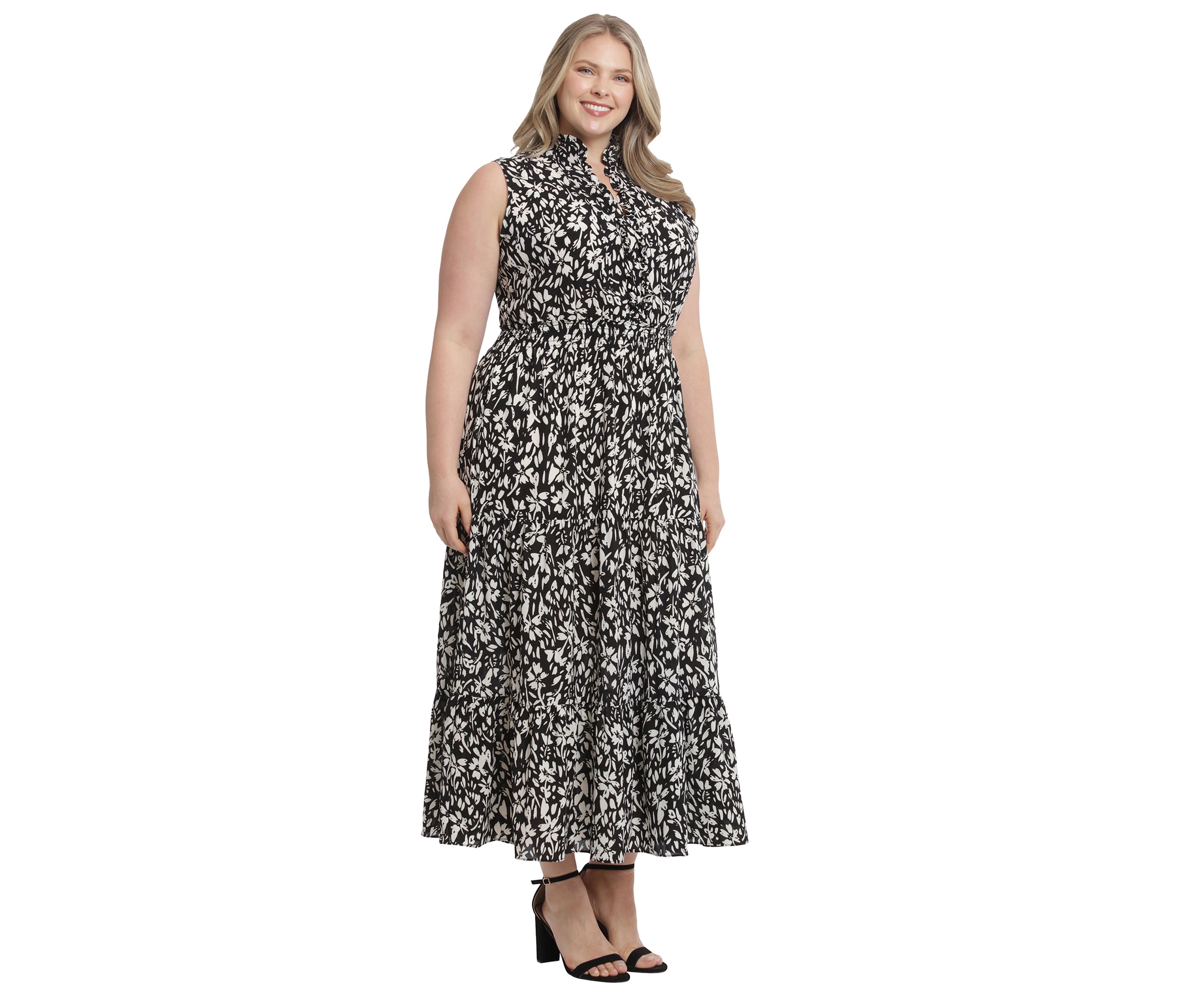 Plus Size Printed Bubble Crepe Ruffle Neck Smocked Waist Halter Tiered Maxi Dress
