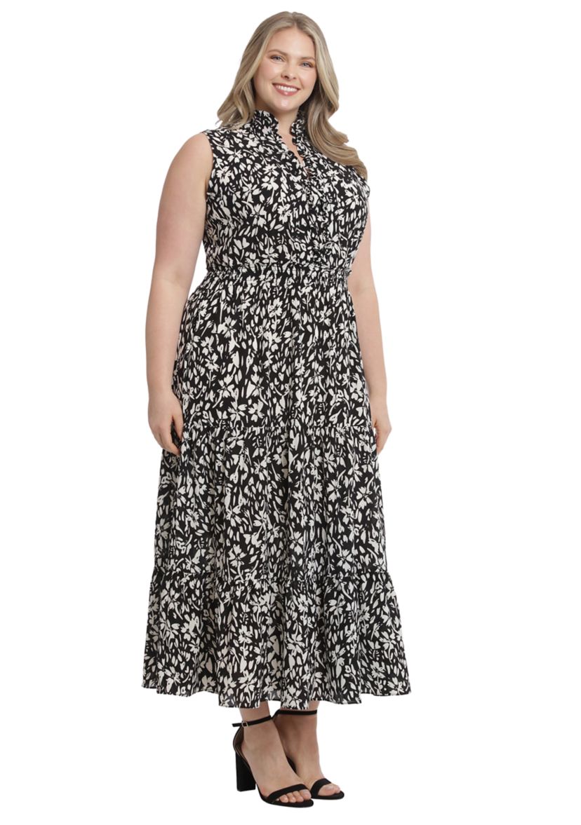 Plus Size Printed Bubble Crepe Ruffle Neck Smocked Waist Halter Tiered Maxi Dress