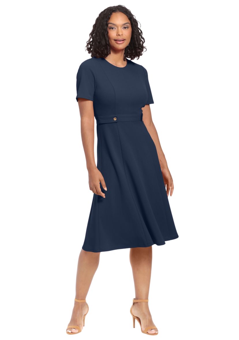 Womens Puff Sleeve Solid Belted Fit and Flare Dress