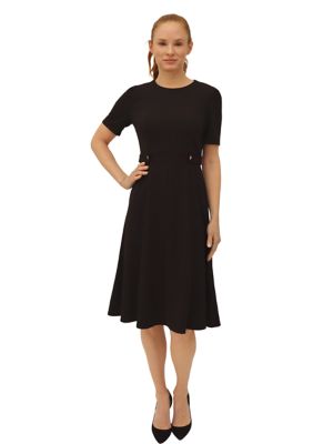 Women's Puff Sleeve Solid Belted Fit and Flare Dress