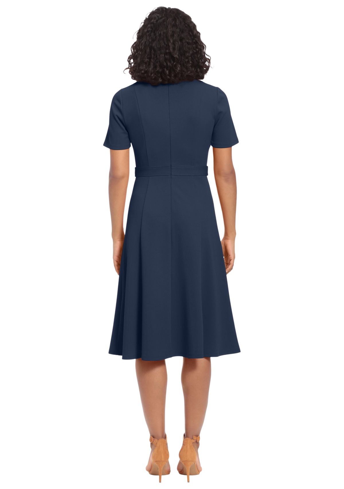 Womens Puff Sleeve Solid Belted Fit and Flare Dress