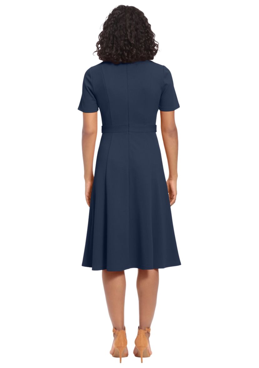 Womens Puff Sleeve Solid Belted Fit and Flare Dress