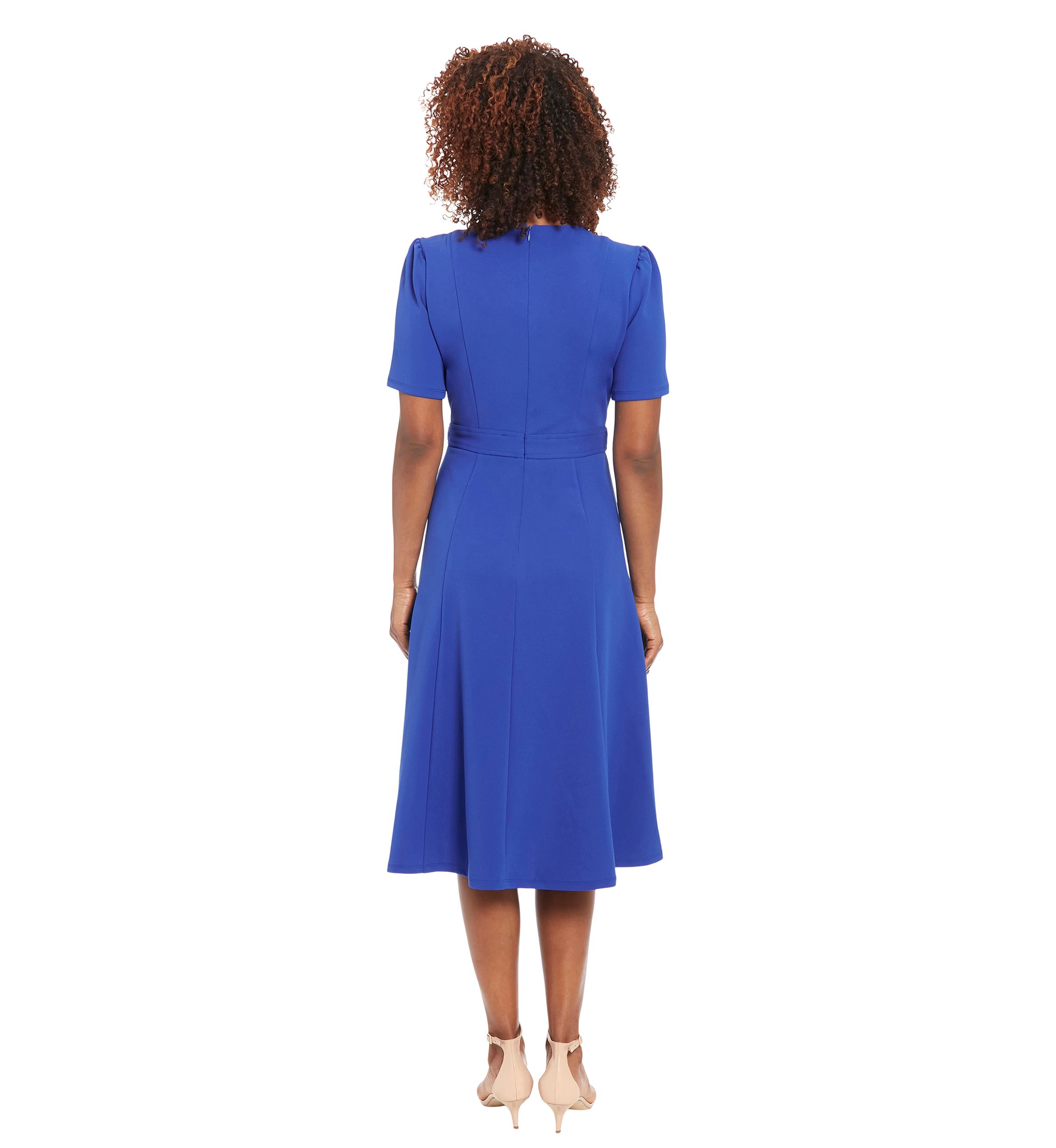 London Times Petite Puff Sleeve Solid Belted Fit and Flare Dress | Belk
