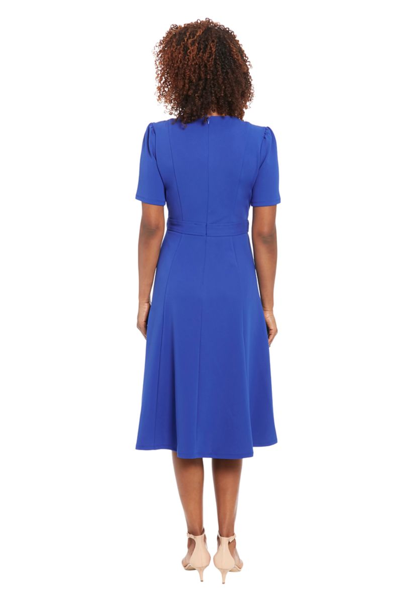 London Times Petite Puff Sleeve Solid Belted Fit and Flare Dress | Belk