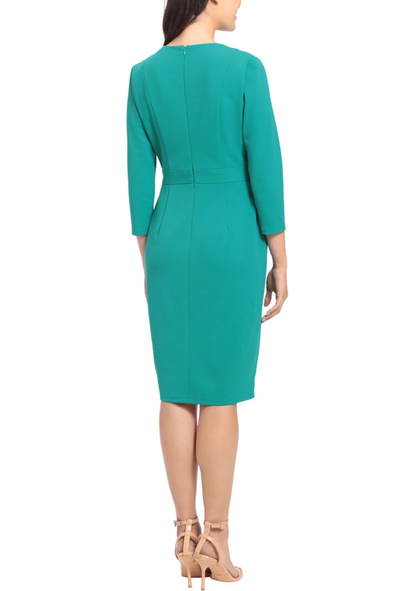 Womens 3/4 Sleeve Side Tab Scuba Crepe Sheath Dress