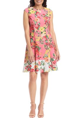 Women's Sleeveless Floral Border Printed Fit and Flare Scuba Dress