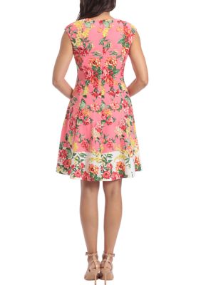 Women's Sleeveless Floral Border Printed Fit and Flare Scuba Dress