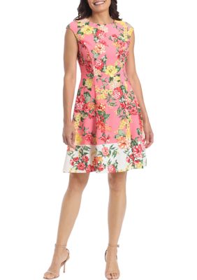 Women's Sleeveless Floral Border Printed Fit and Flare Scuba Dress